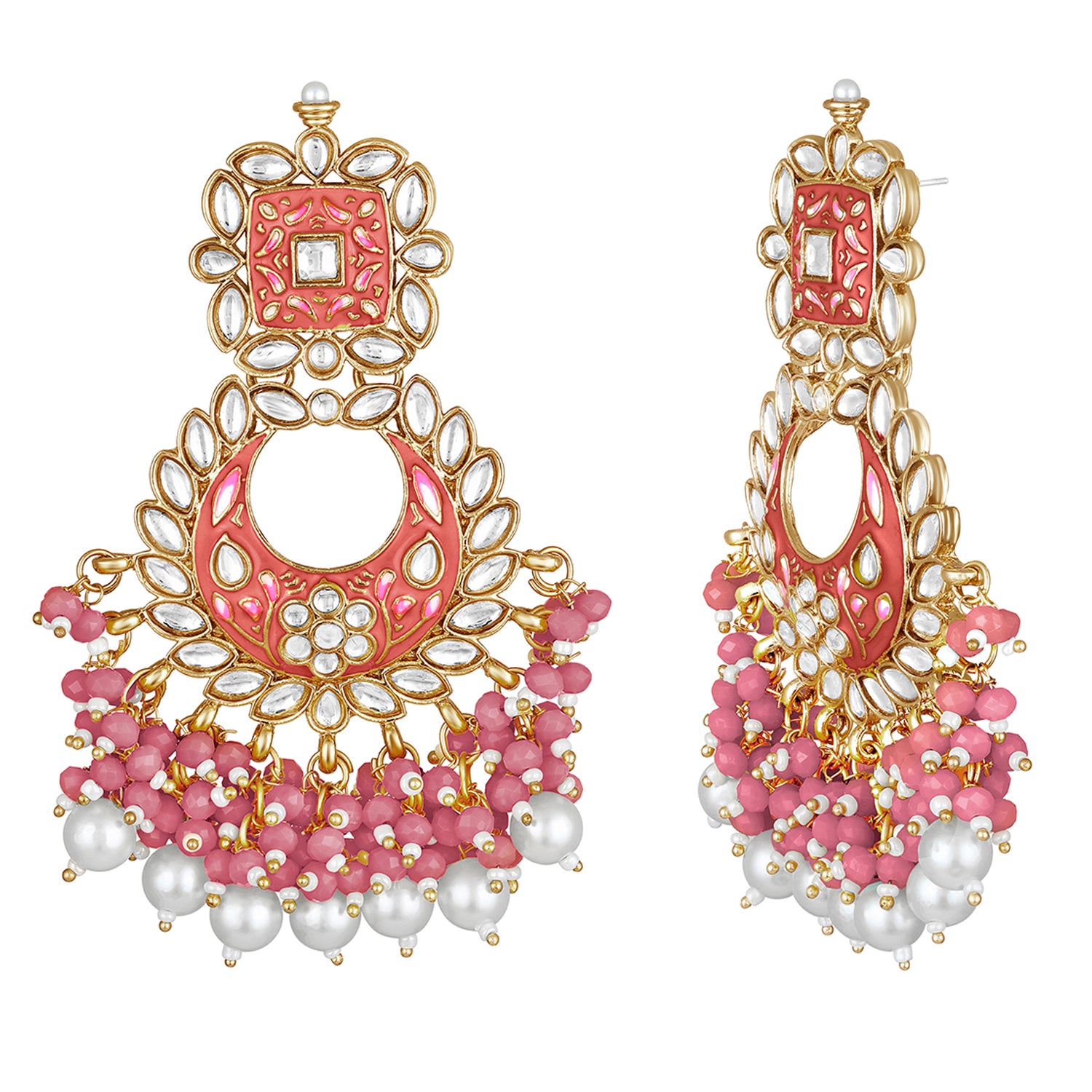Maroon Meenakari Work Floral Chandbali Traditional Dangler Earrings with Crystals and Beads