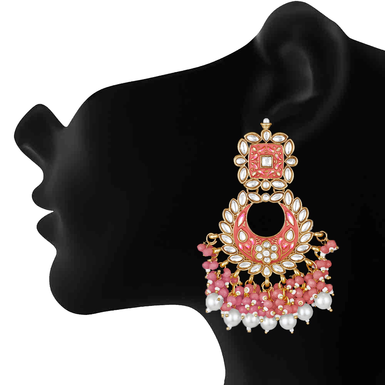 Maroon Meenakari Work Floral Chandbali Traditional Dangler Earrings with Crystals and Beads