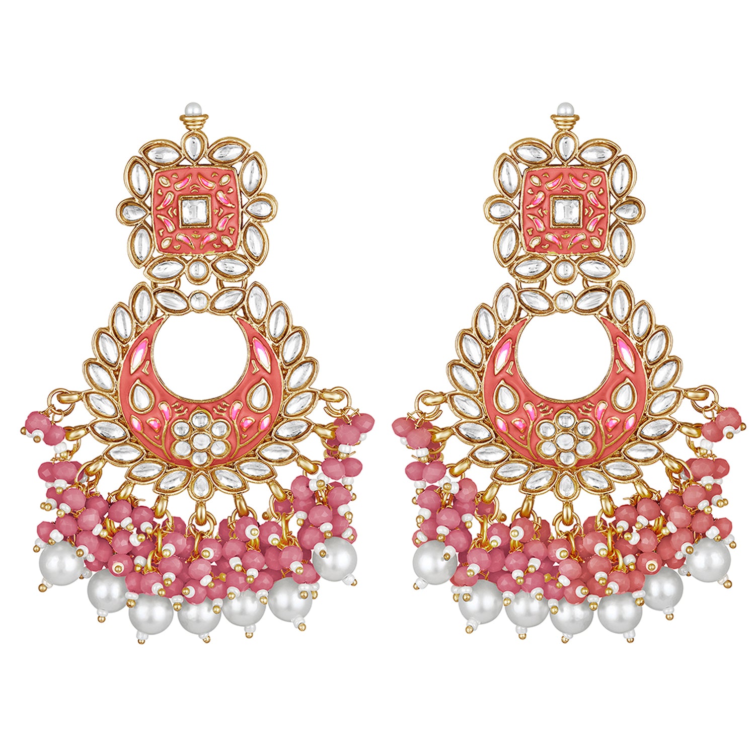 Maroon Meenakari Work Floral Chandbali Traditional Dangler Earrings with Crystals and Beads