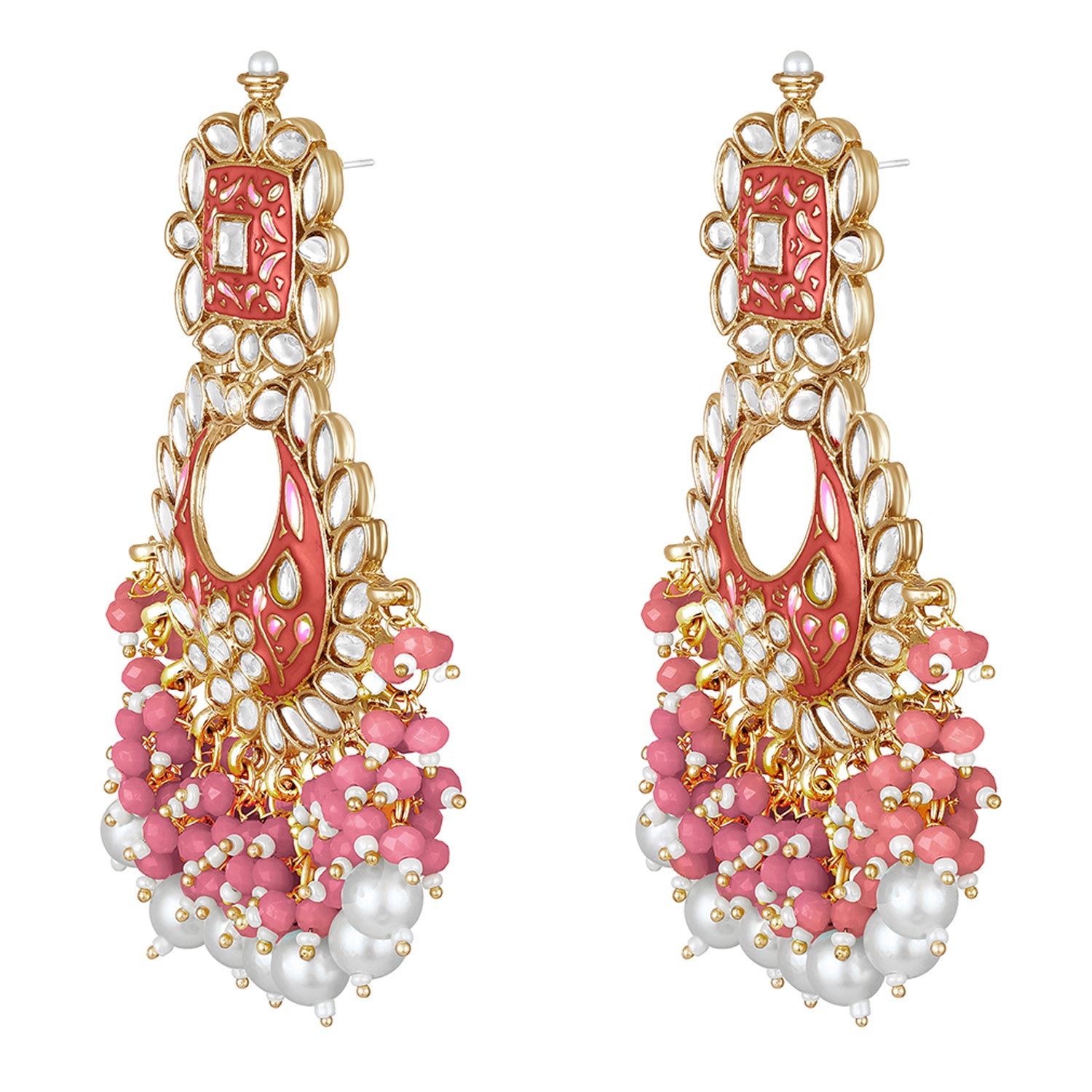 Maroon Meenakari Work Floral Chandbali Traditional Dangler Earrings with Crystals and Beads