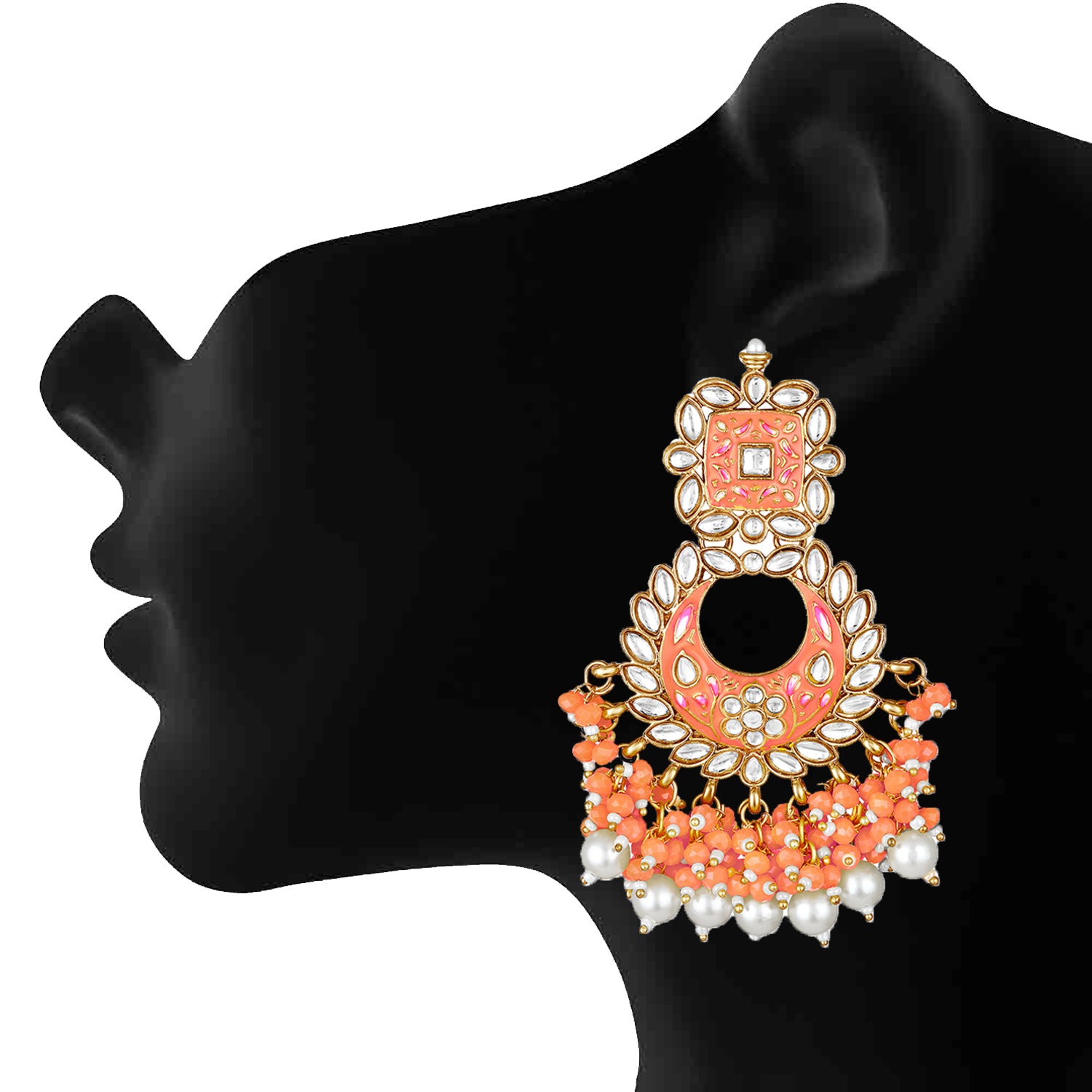 Maroon Meenakari Work Floral Chandbali Traditional Dangler Earrings with Crystals and Beads