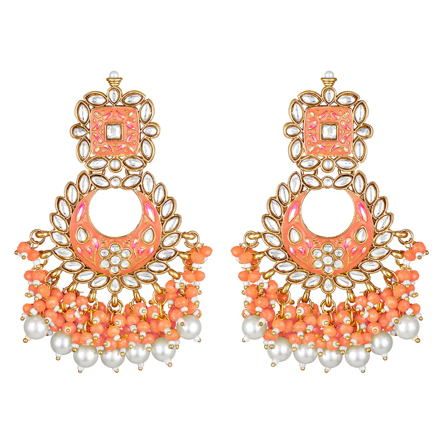 Maroon Meenakari Work Floral Chandbali Traditional Dangler Earrings with Crystals and Beads