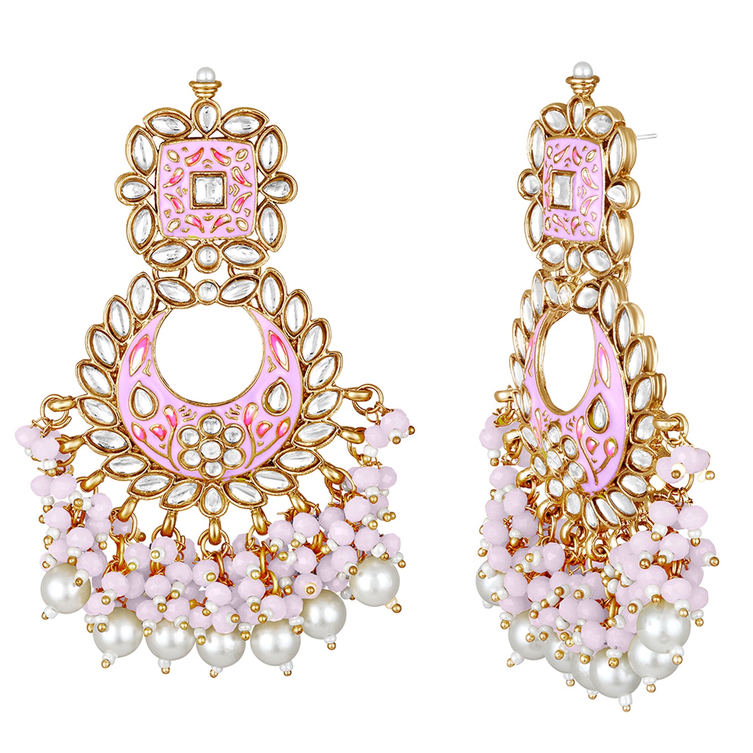 Maroon Meenakari Work Floral Chandbali Traditional Dangler Earrings with Crystals and Beads