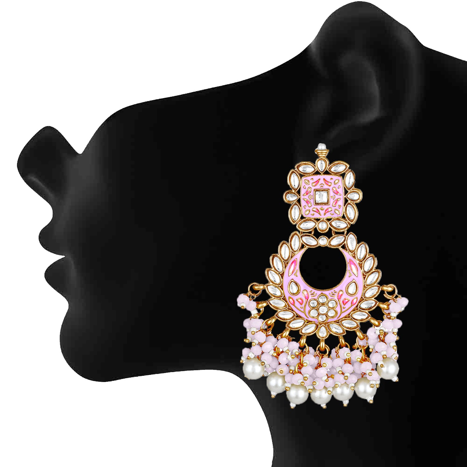 Maroon Meenakari Work Floral Chandbali Traditional Dangler Earrings with Crystals and Beads