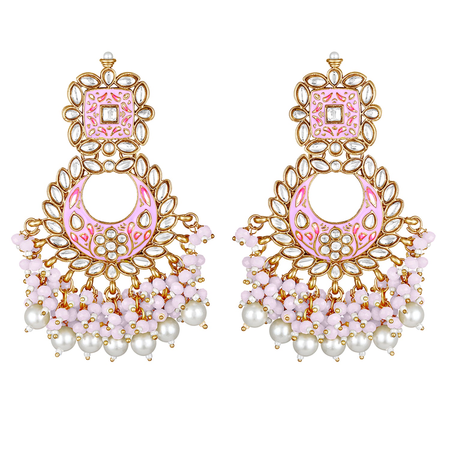 Maroon Meenakari Work Floral Chandbali Traditional Dangler Earrings with Crystals and Beads