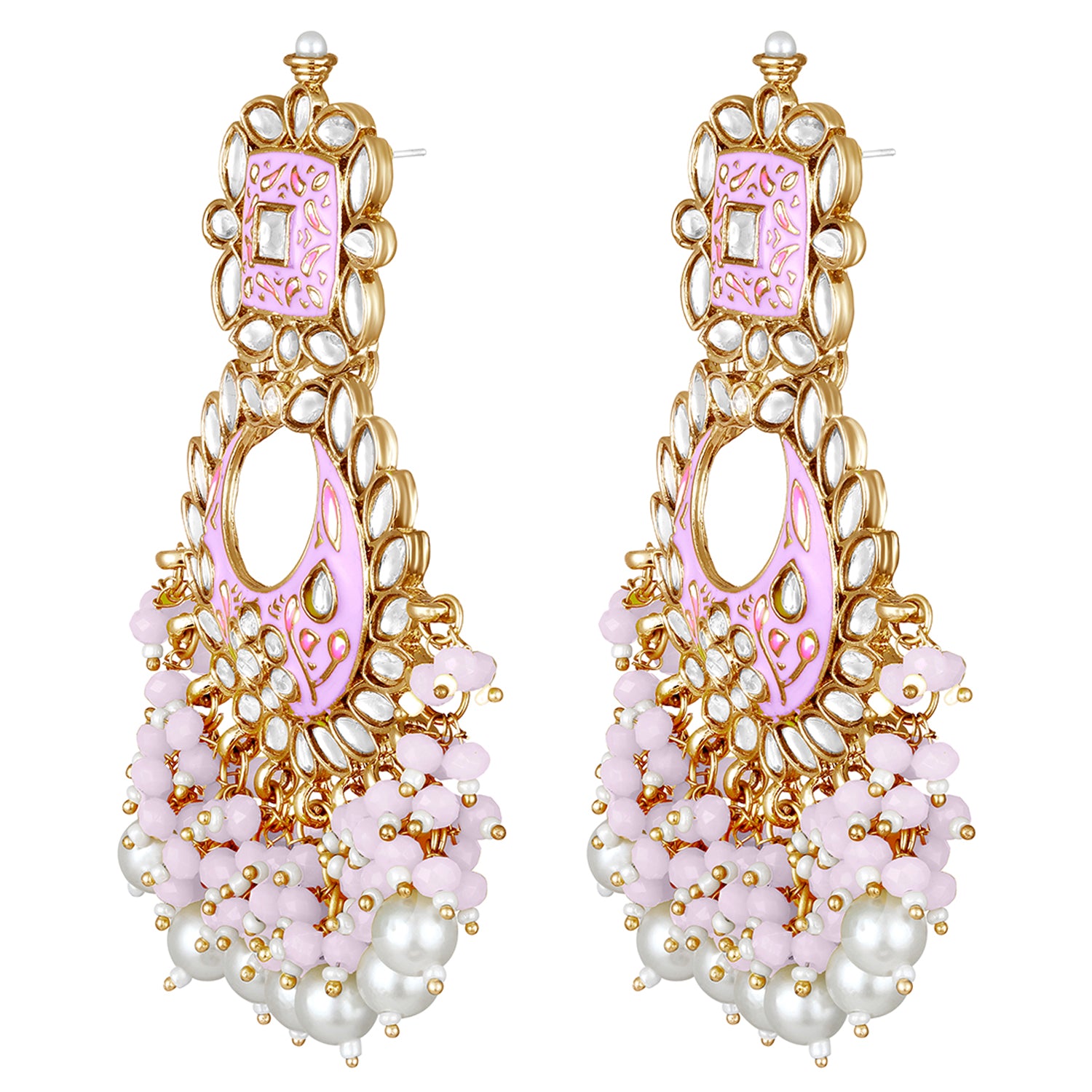 Maroon Meenakari Work Floral Chandbali Traditional Dangler Earrings with Crystals and Beads