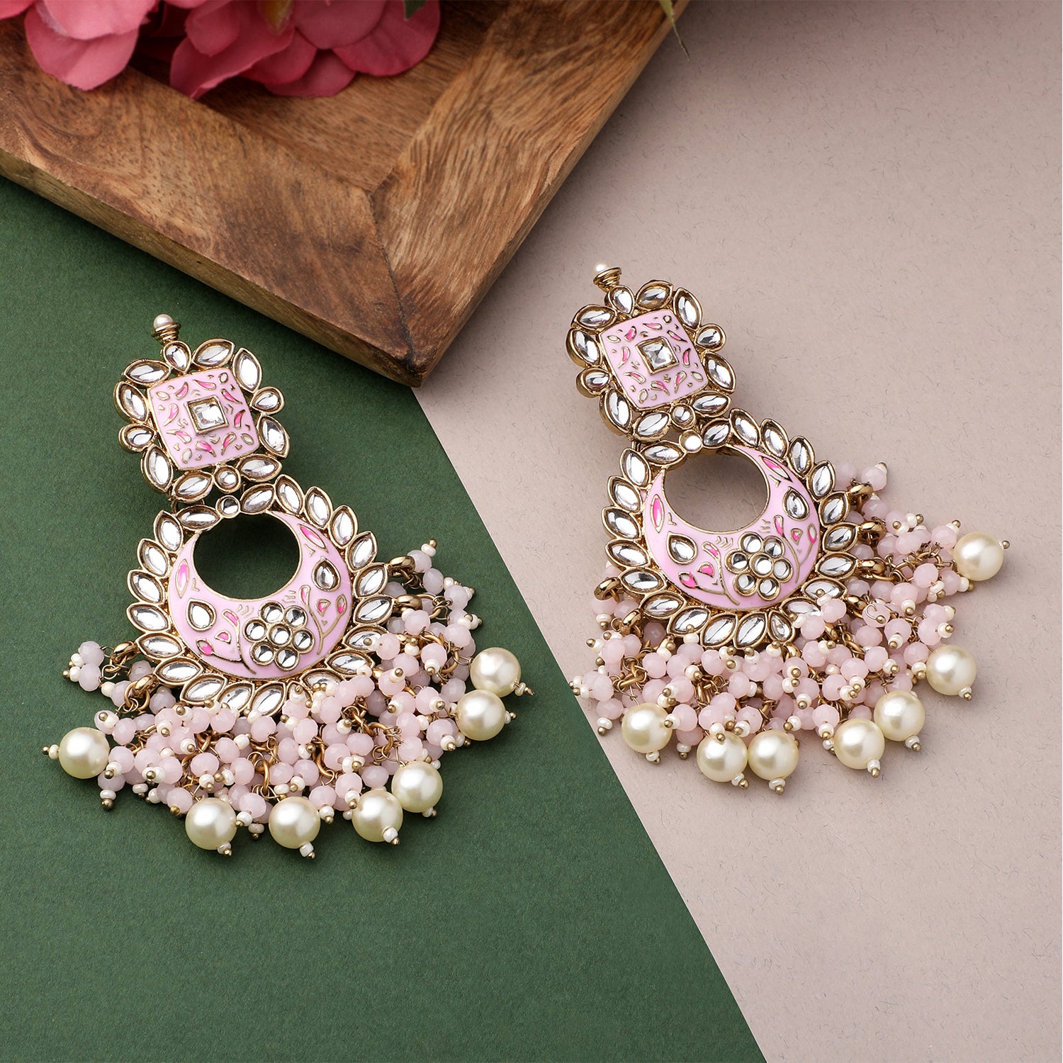 Maroon Meenakari Work Floral Chandbali Traditional Dangler Earrings with Crystals and Beads