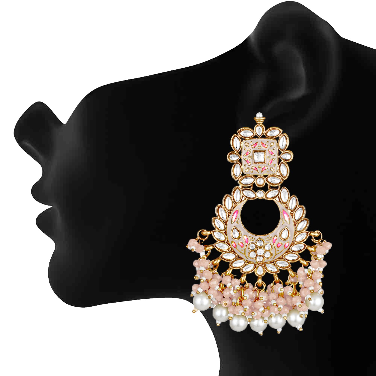 Maroon Meenakari Work Floral Chandbali Traditional Dangler Earrings with Crystals and Beads