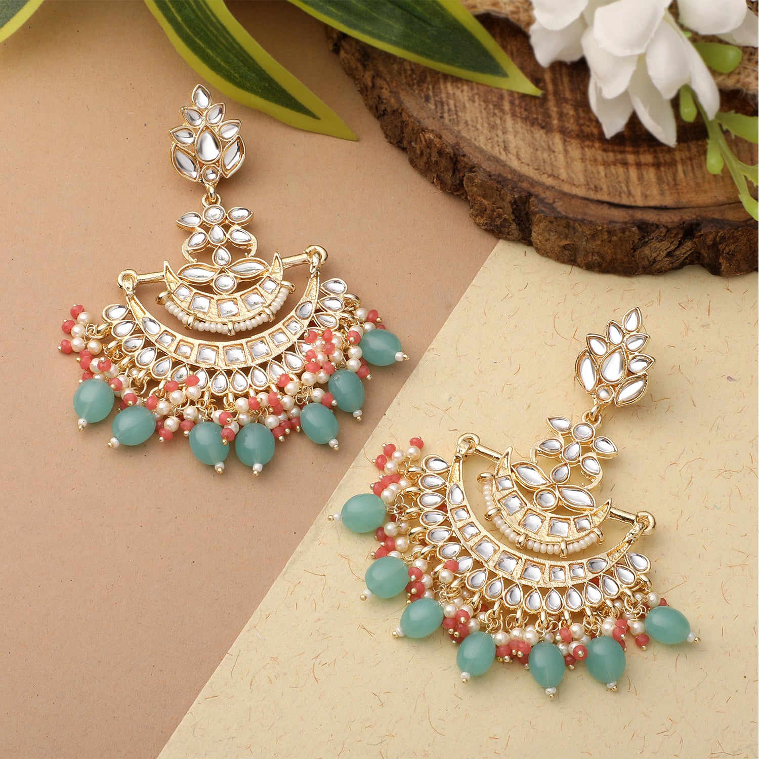 Floral Chandbali Traditional Dangler Earrings with Crystals and Multicolor Beads