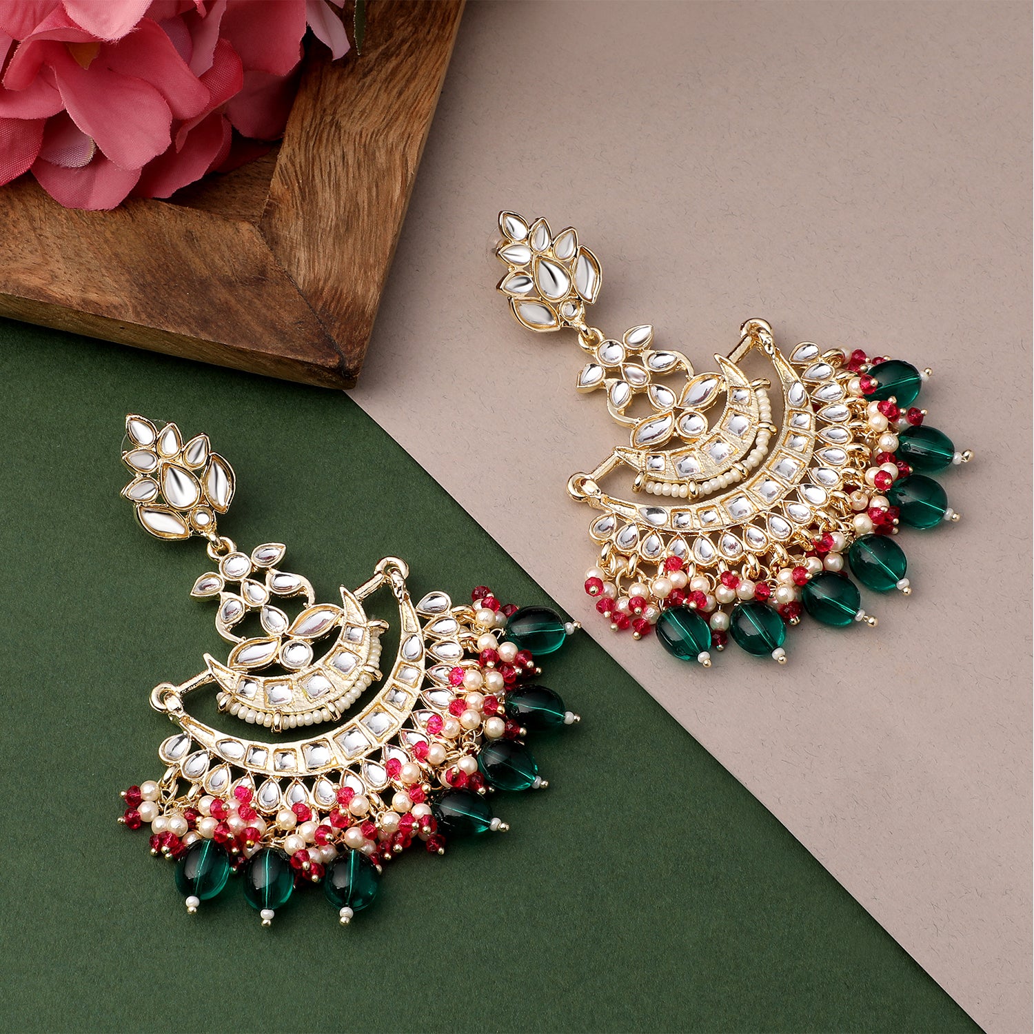 Floral Chandbali Traditional Dangler Earrings with Crystals and Multicolor Beads