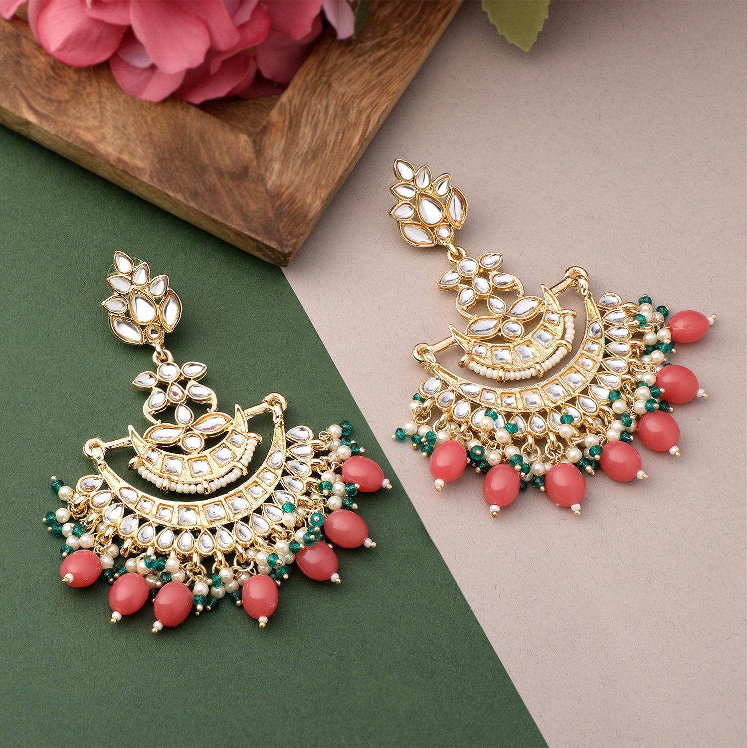 Floral Chandbali Traditional Dangler Earrings with Crystals and Multicolor Beads