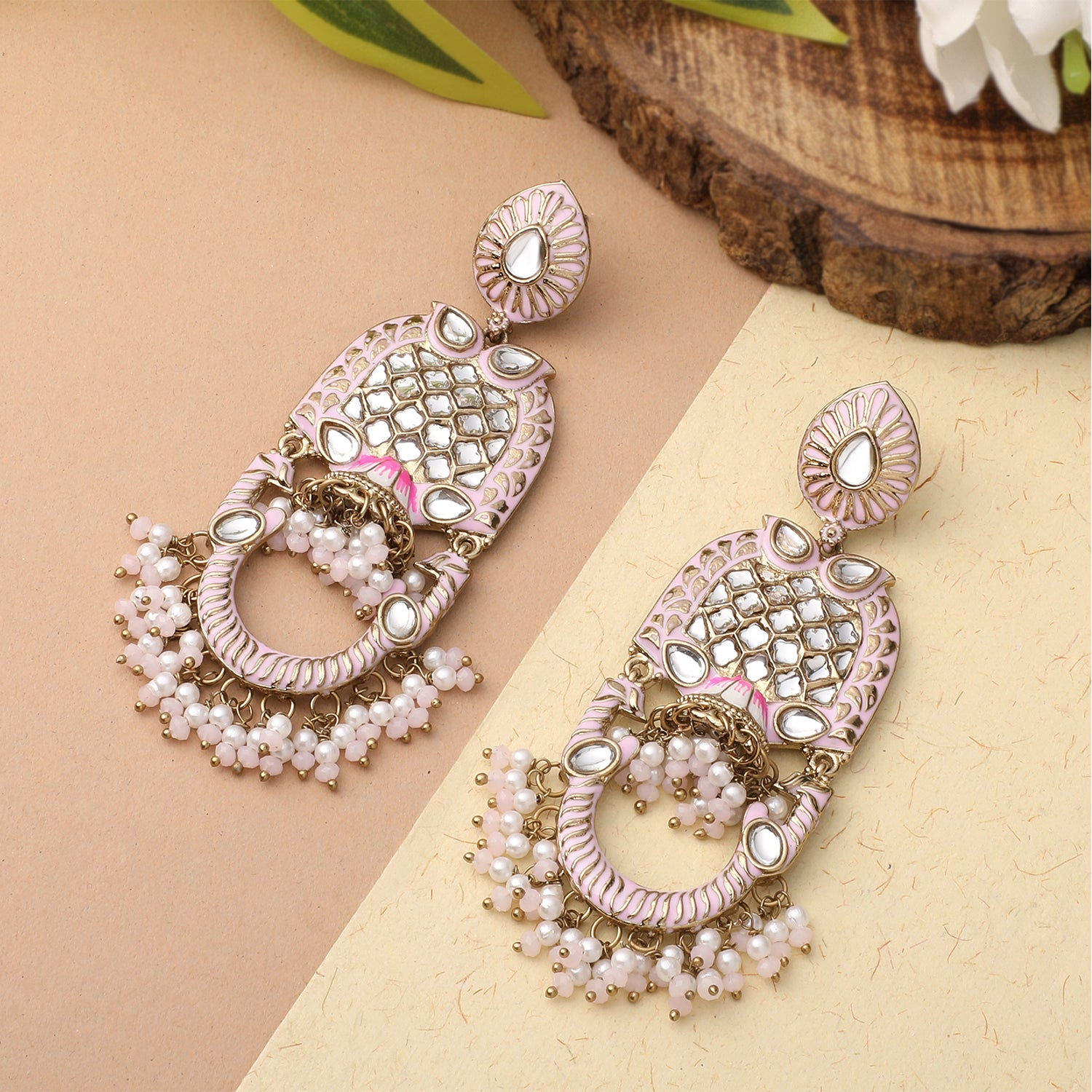 Purple Meena Work Floral Traditional Dangler Jhuma Earrings with Crystals and Beads