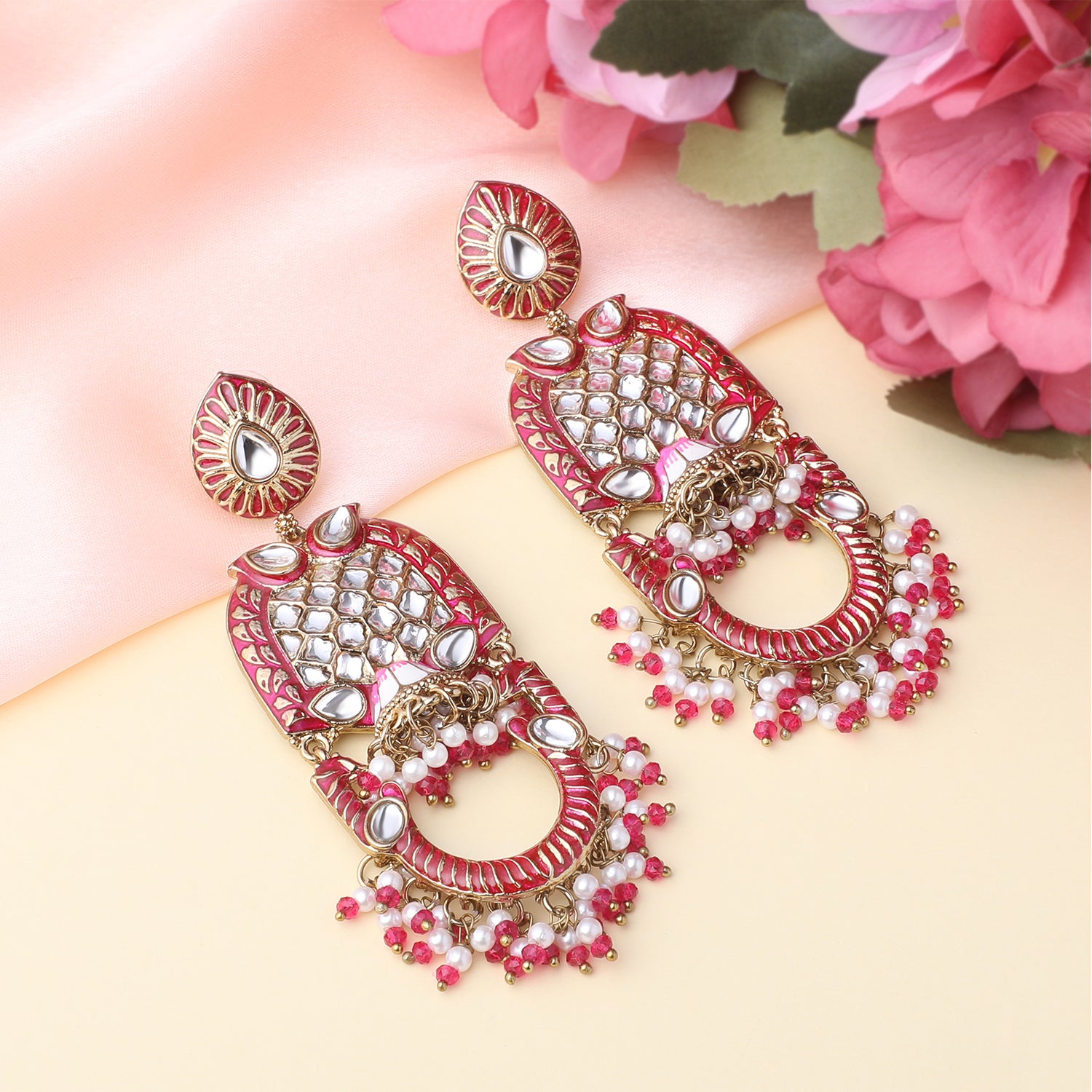 Purple Meena Work Floral Traditional Dangler Jhuma Earrings with Crystals and Beads