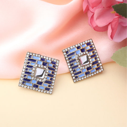 Blue Meenakari Enamel Squarish Dangler Earrings with Crystals