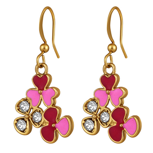Red and Pink Meenakari Work and Crystals Floral Earrings