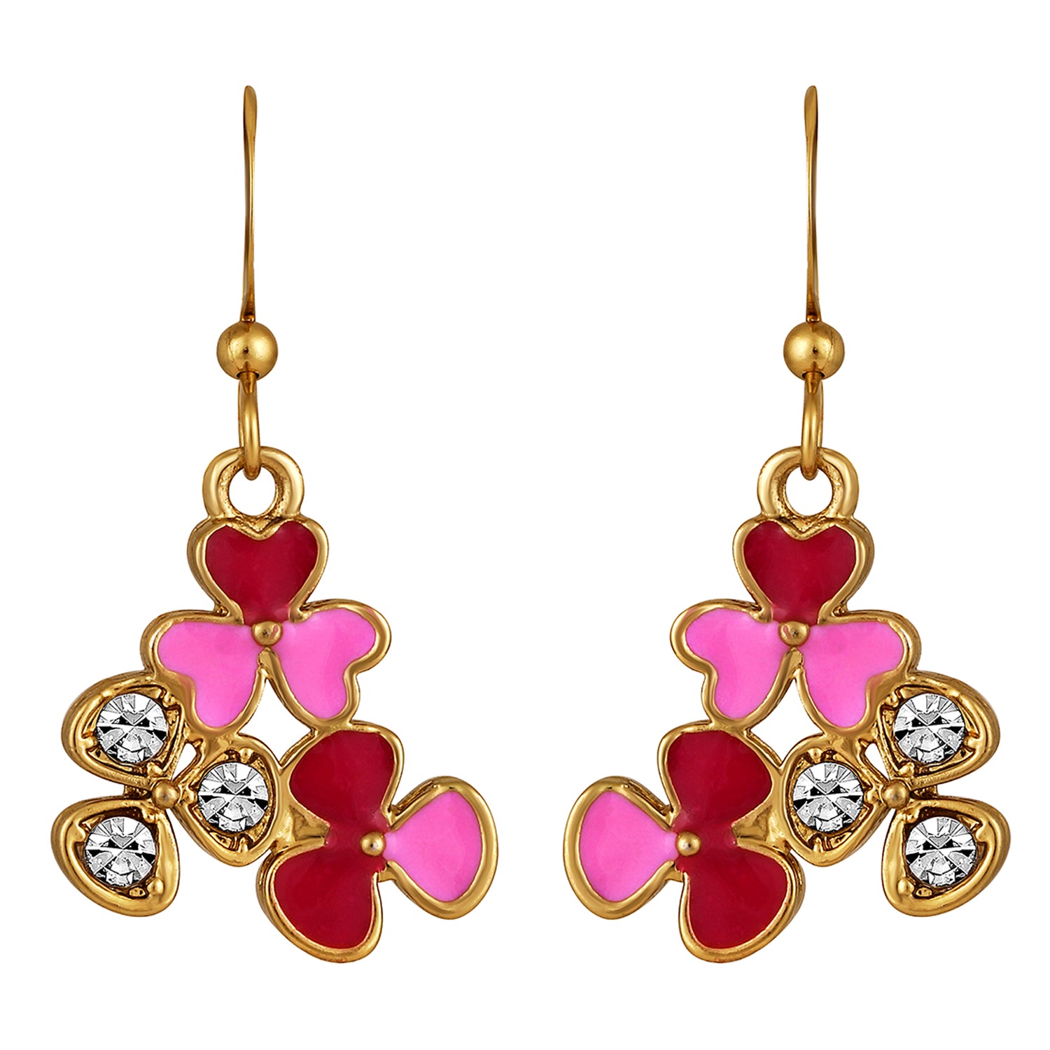 Red and Pink Meenakari Work and Crystals Floral Earrings
