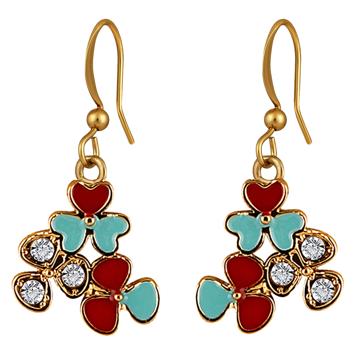 Red and Pink Meenakari Work and Crystals Floral Earrings