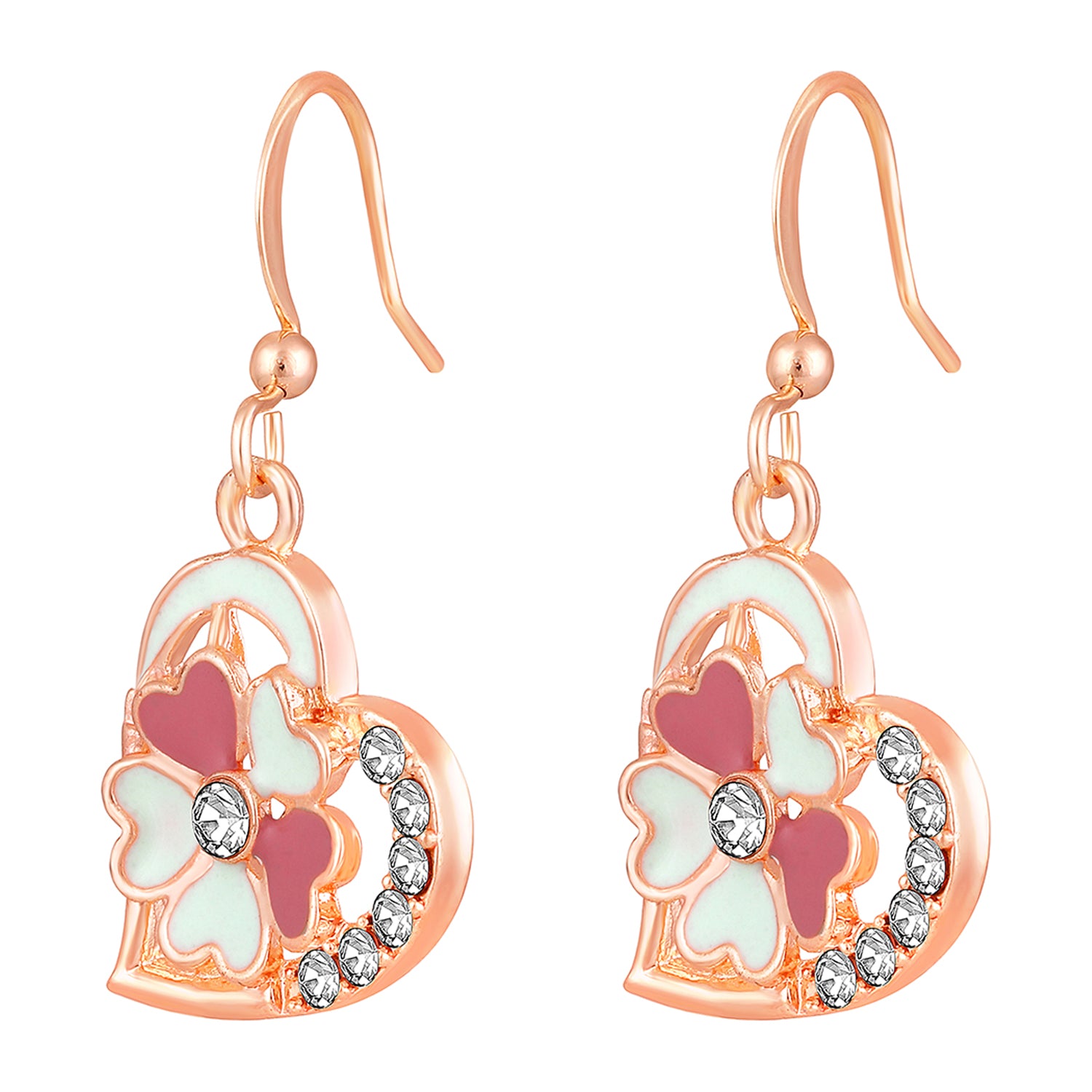 Red and Pink Meenakari Work and Crystals Floral Heart Earrings