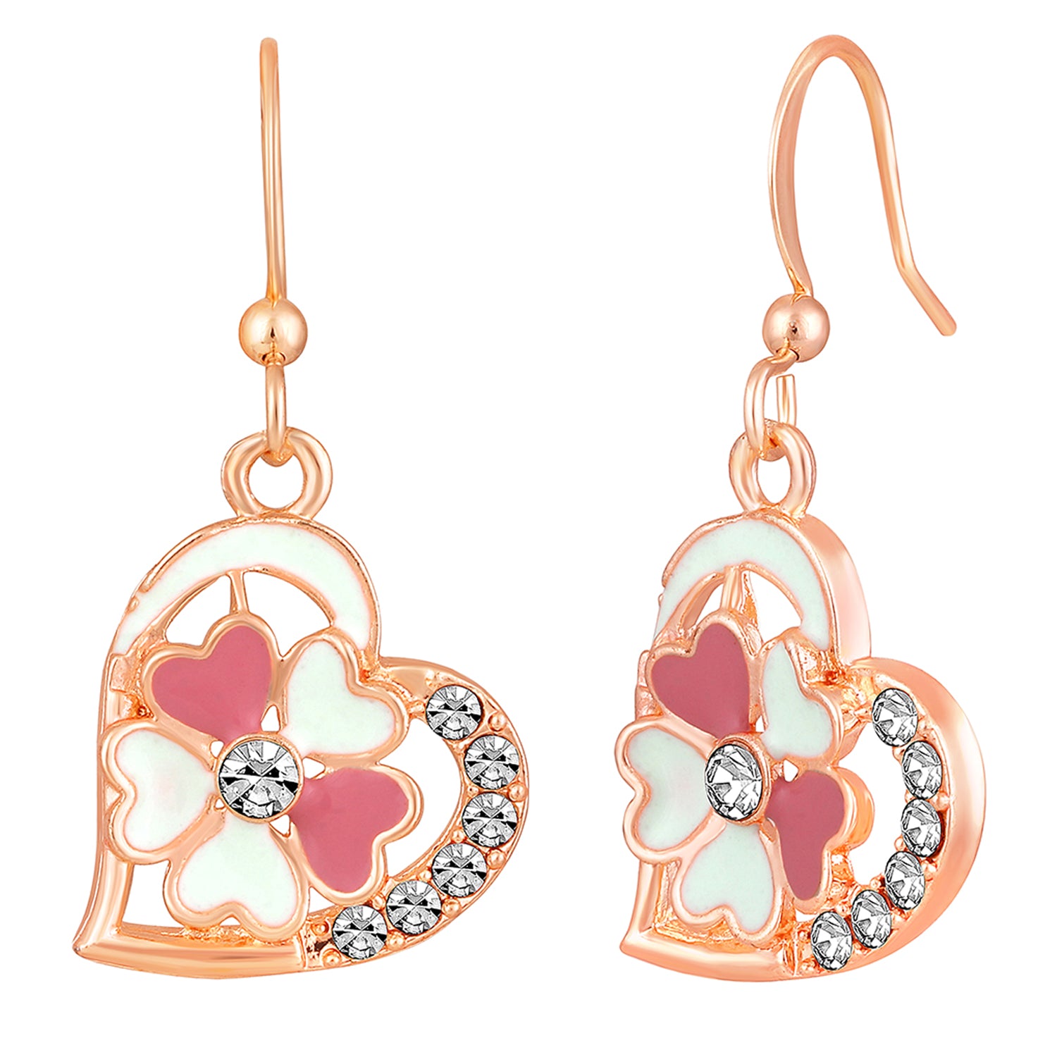 Red and Pink Meenakari Work and Crystals Floral Heart Earrings