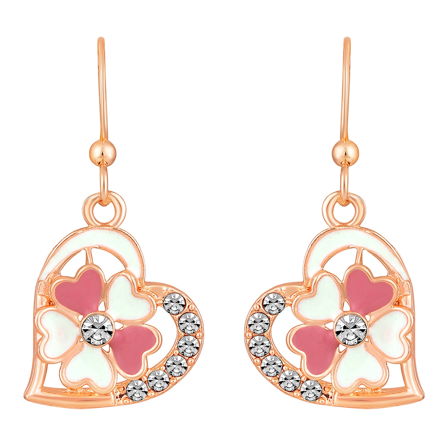 Red and Pink Meenakari Work and Crystals Floral Heart Earrings