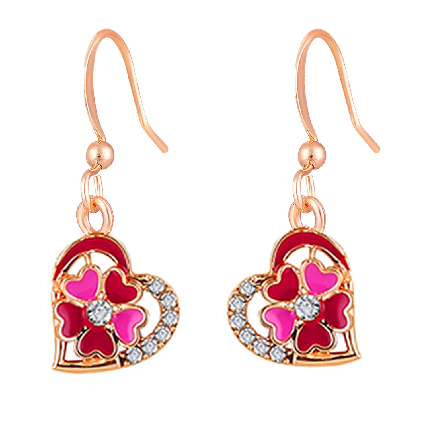 Red and Pink Meenakari Work and Crystals Floral Heart Earrings