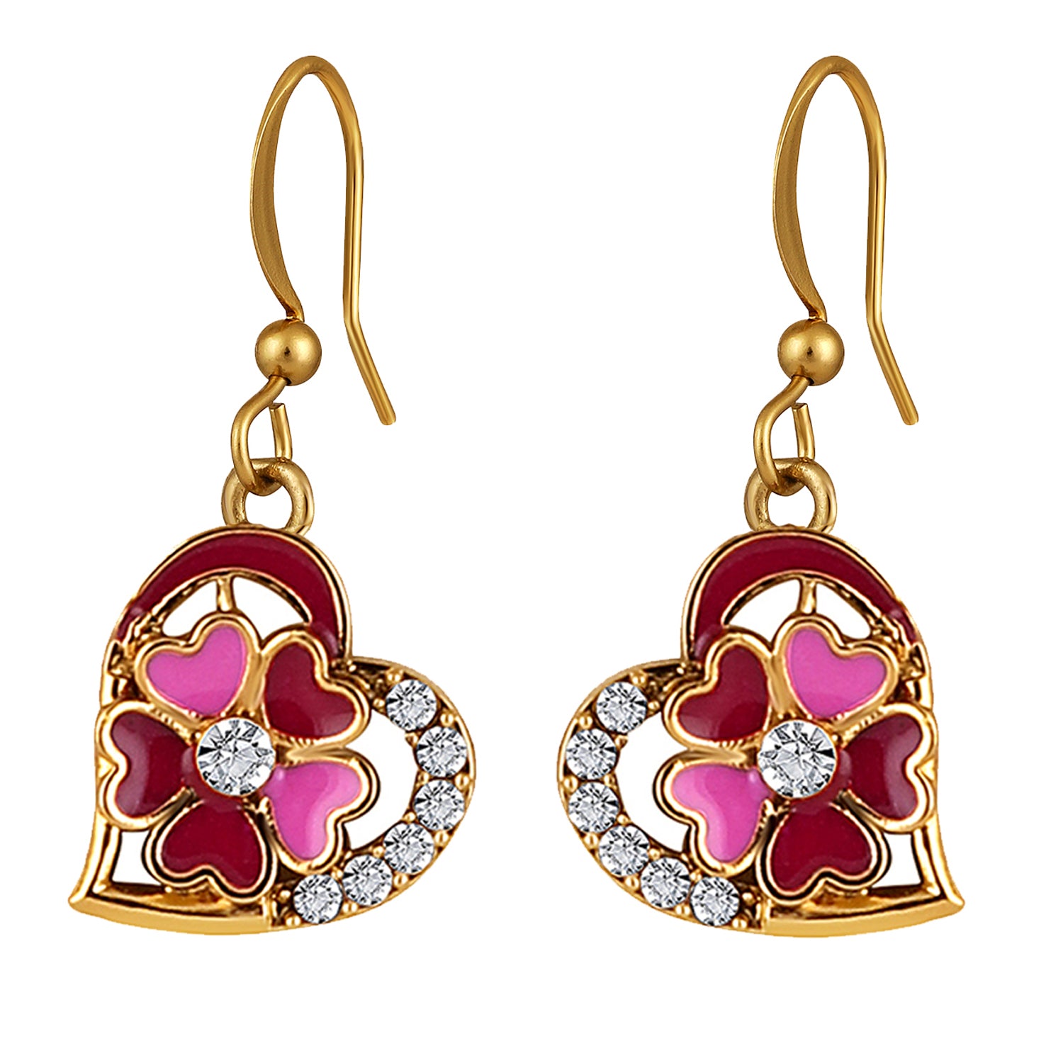 Red and Pink Meenakari Work and Crystals Floral Heart Earrings