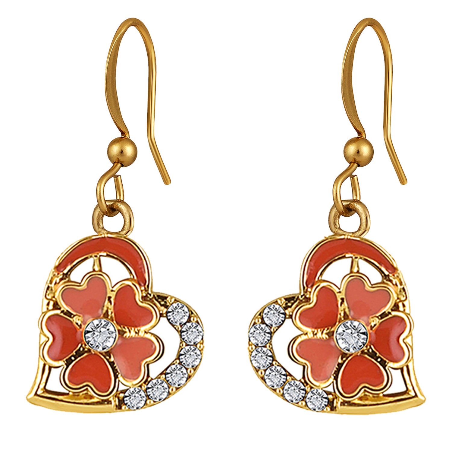Red and Pink Meenakari Work and Crystals Floral Heart Earrings