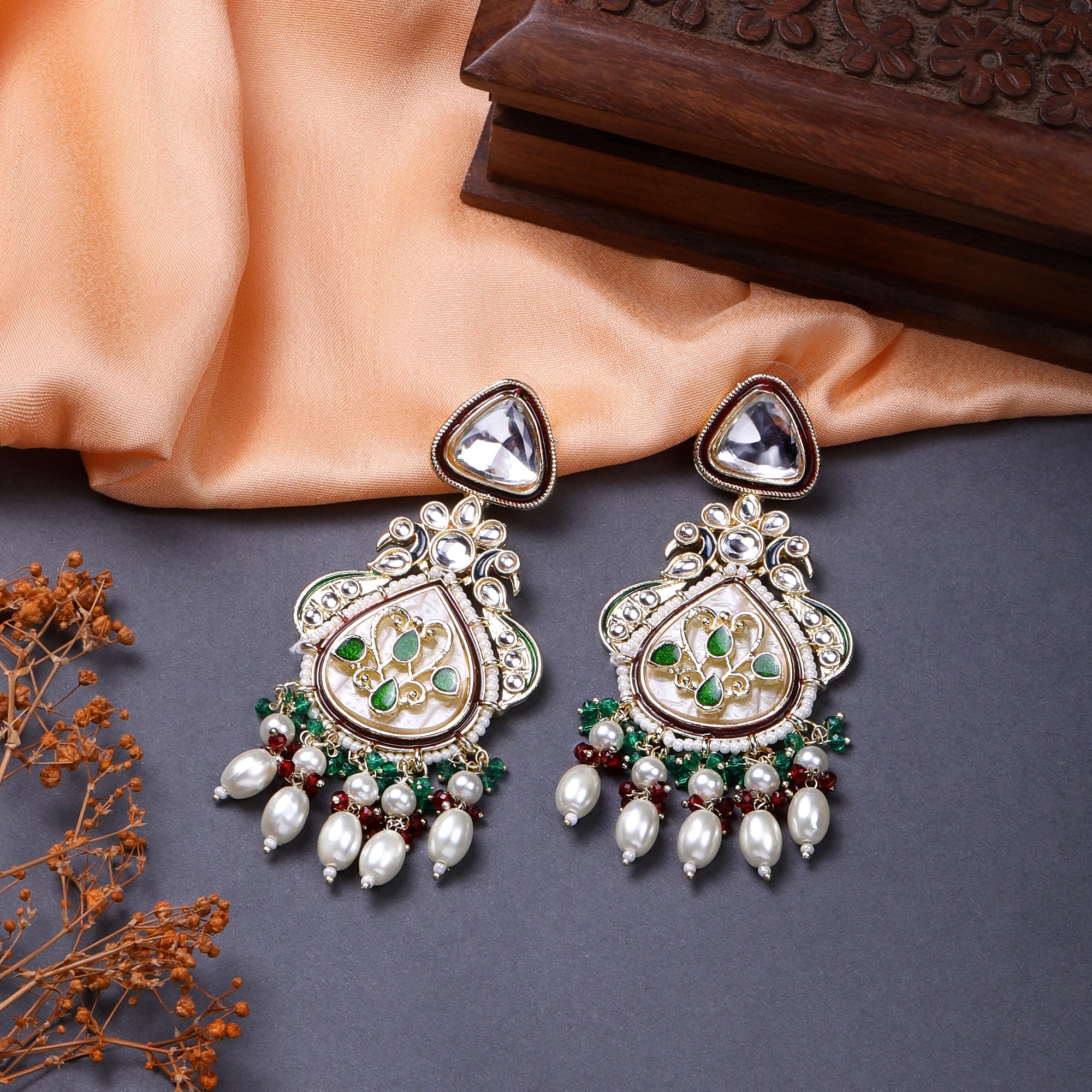 Peacock-Shaped Ethnic Dangler Meenakari Earrings