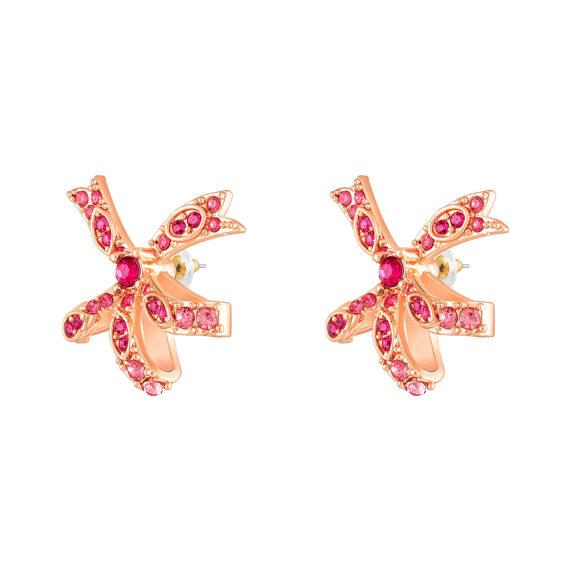 Floral Bow Stud Earrings with Pink Crystals