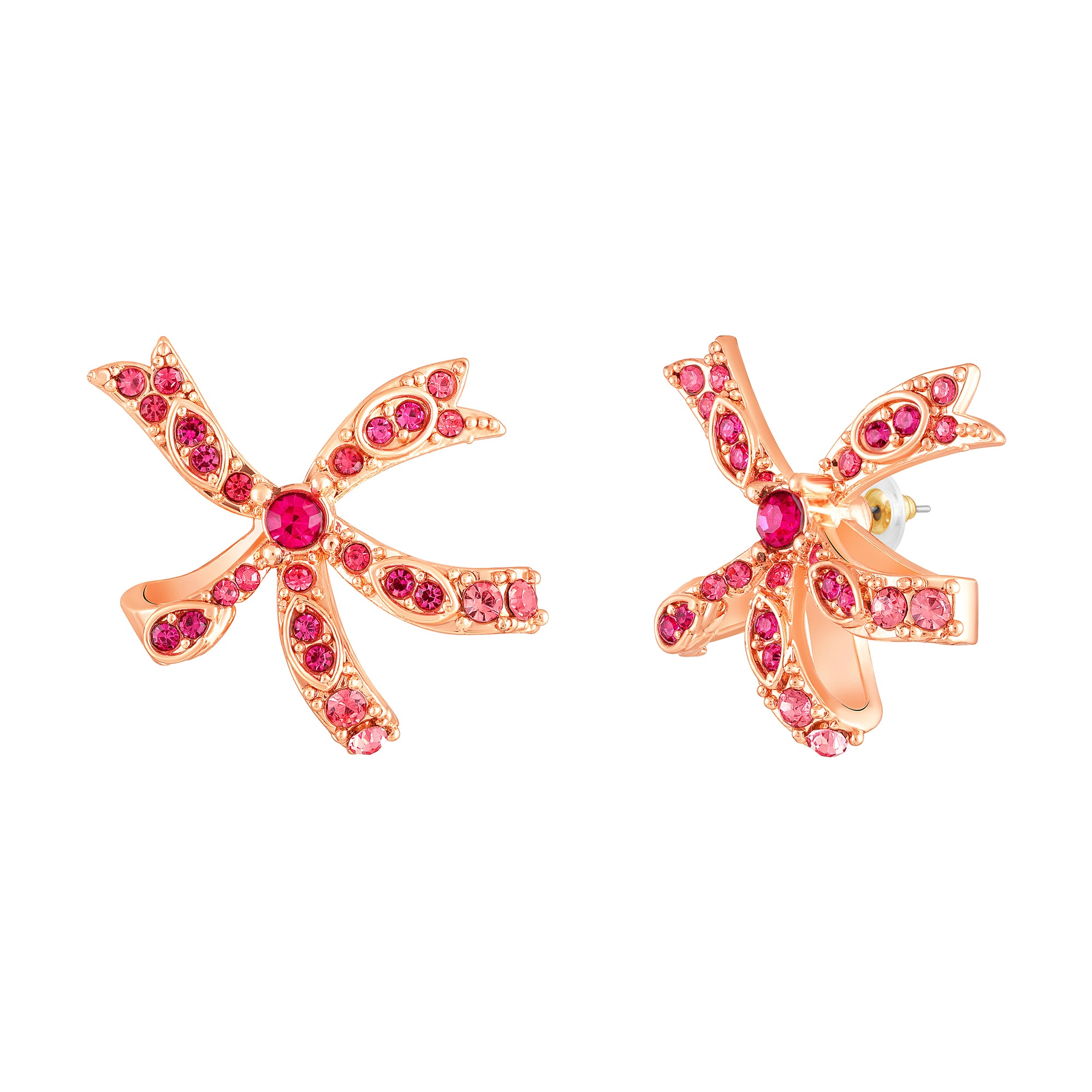 Floral Bow Stud Earrings with Pink Crystals
