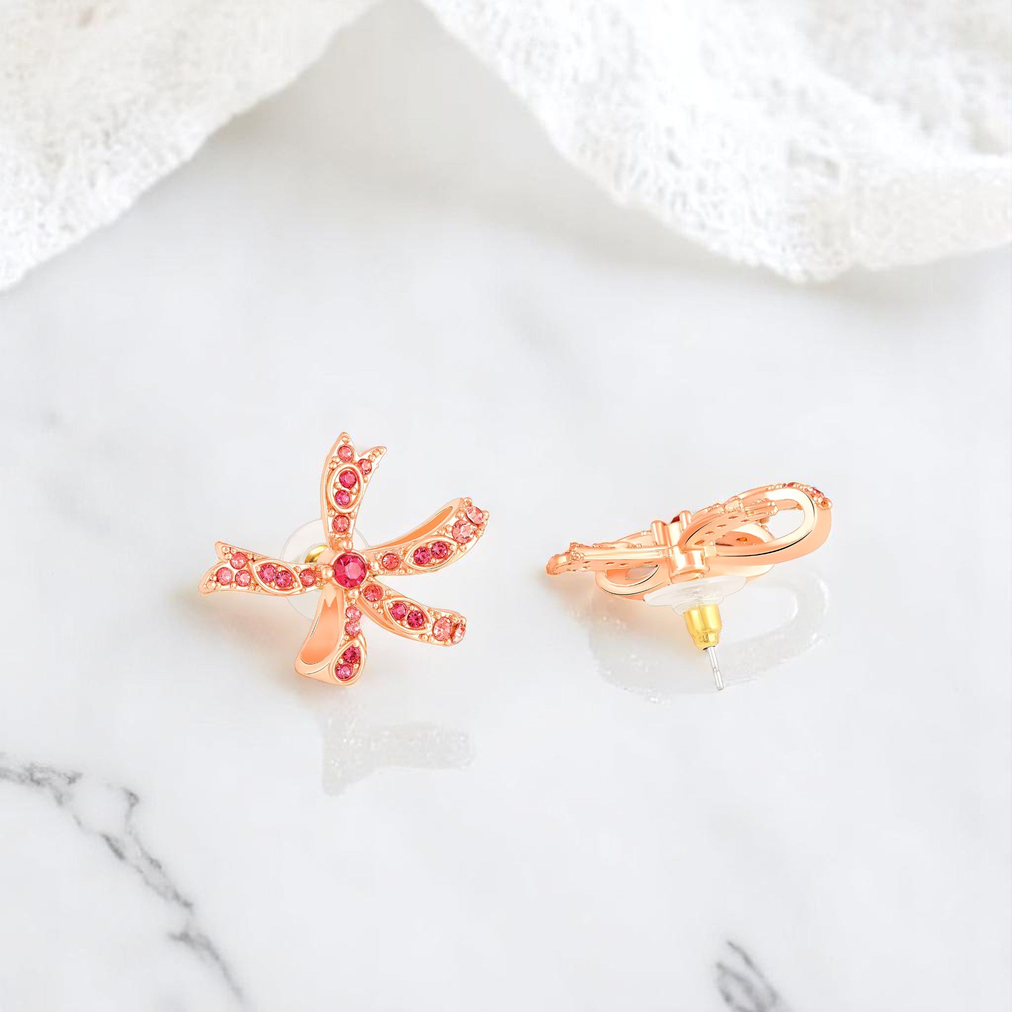 Floral Bow Stud Earrings with Pink Crystals