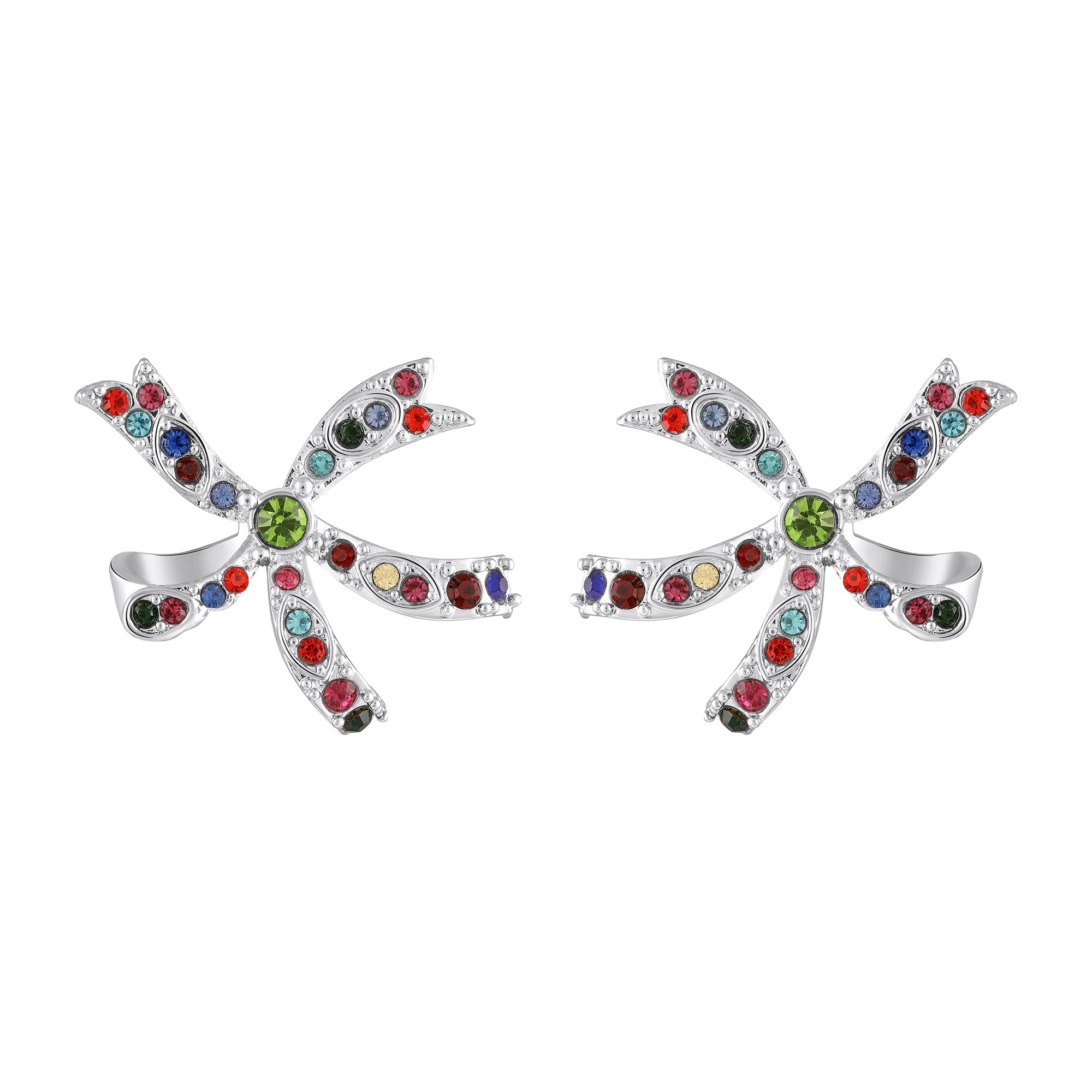 Floral Bow Stud Earrings with Pink Crystals