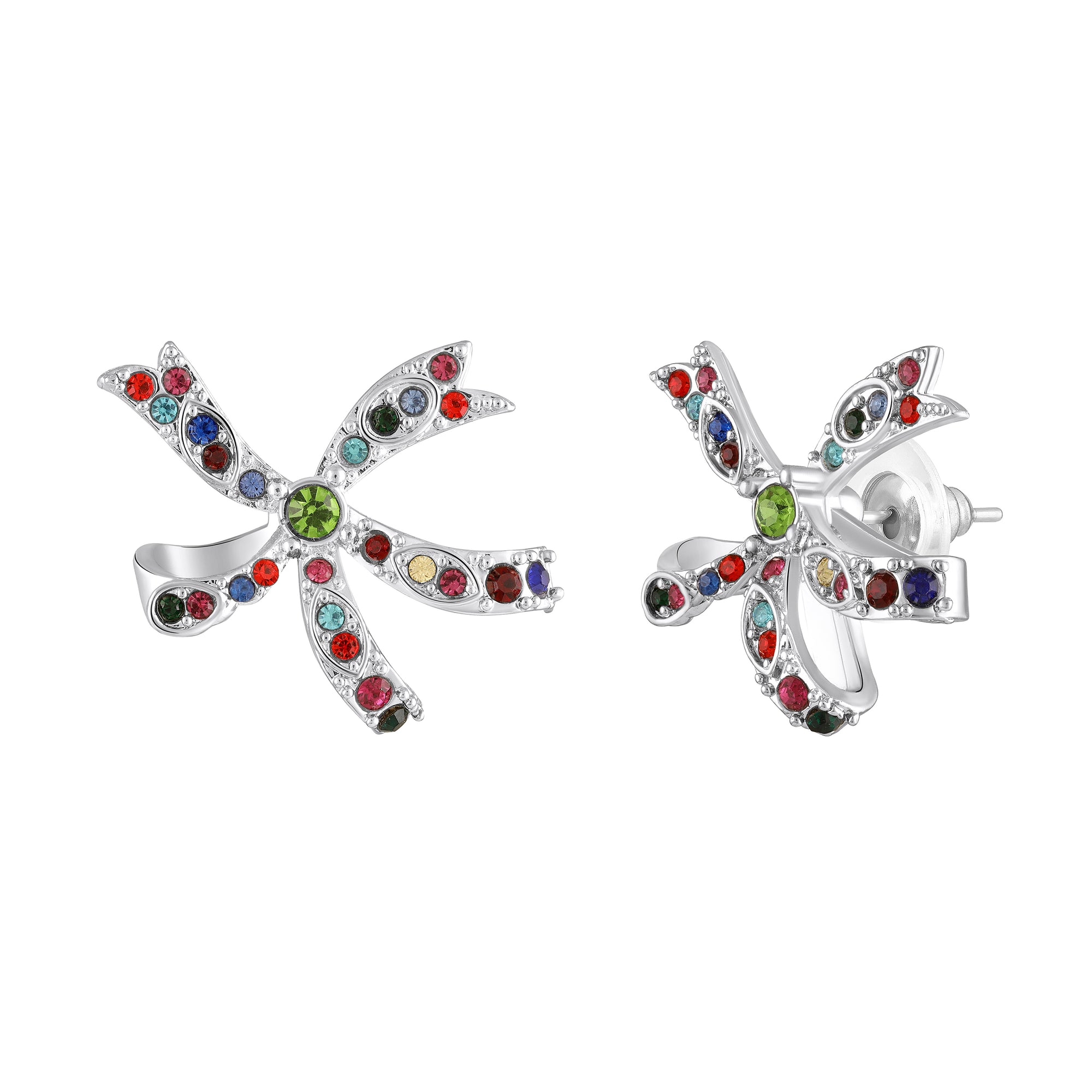 Floral Bow Stud Earrings with Pink Crystals