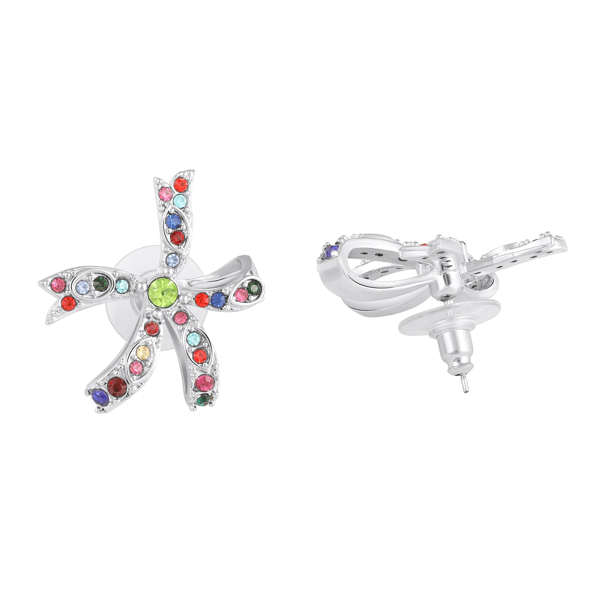 Floral Bow Stud Earrings with Pink Crystals