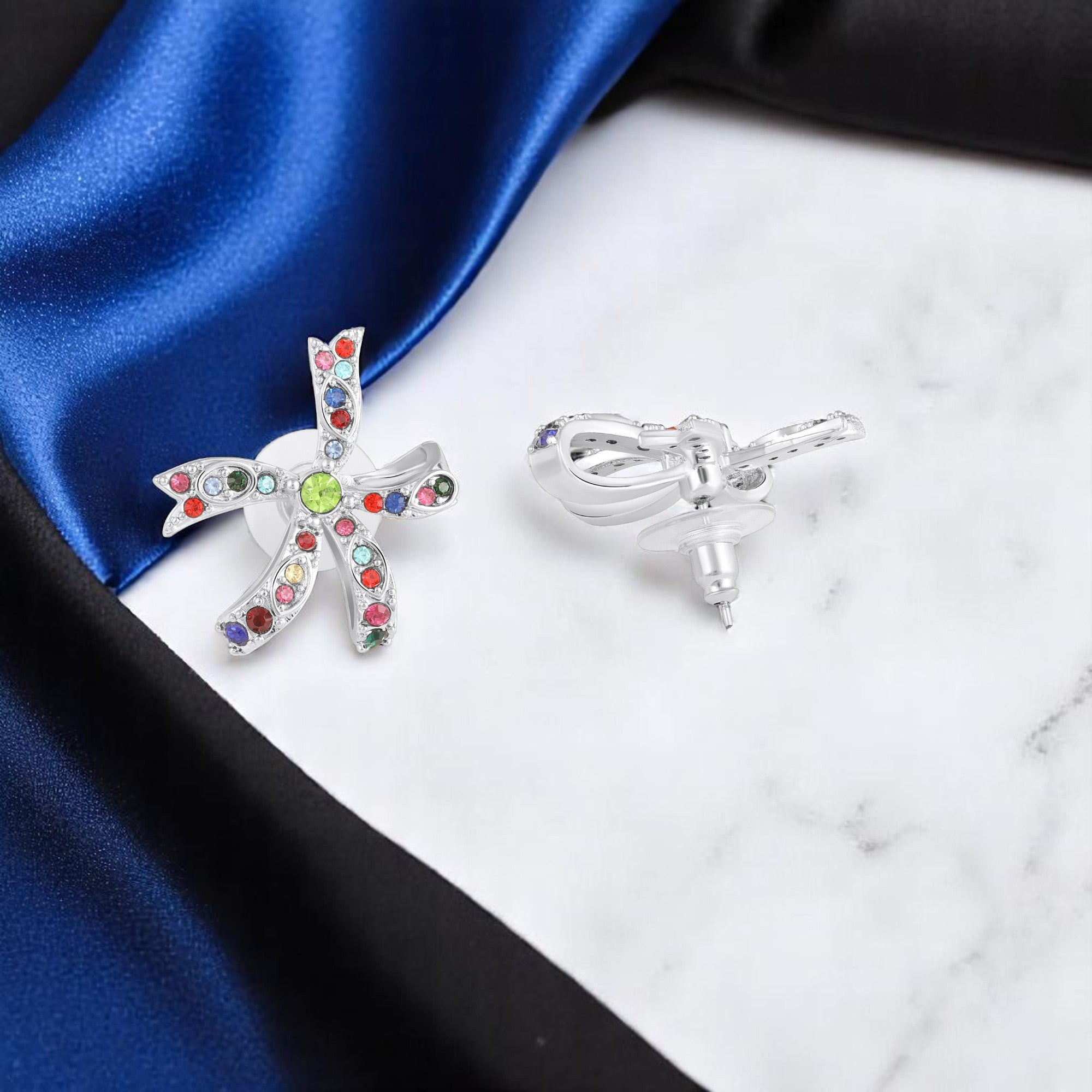 Floral Bow Stud Earrings with Pink Crystals