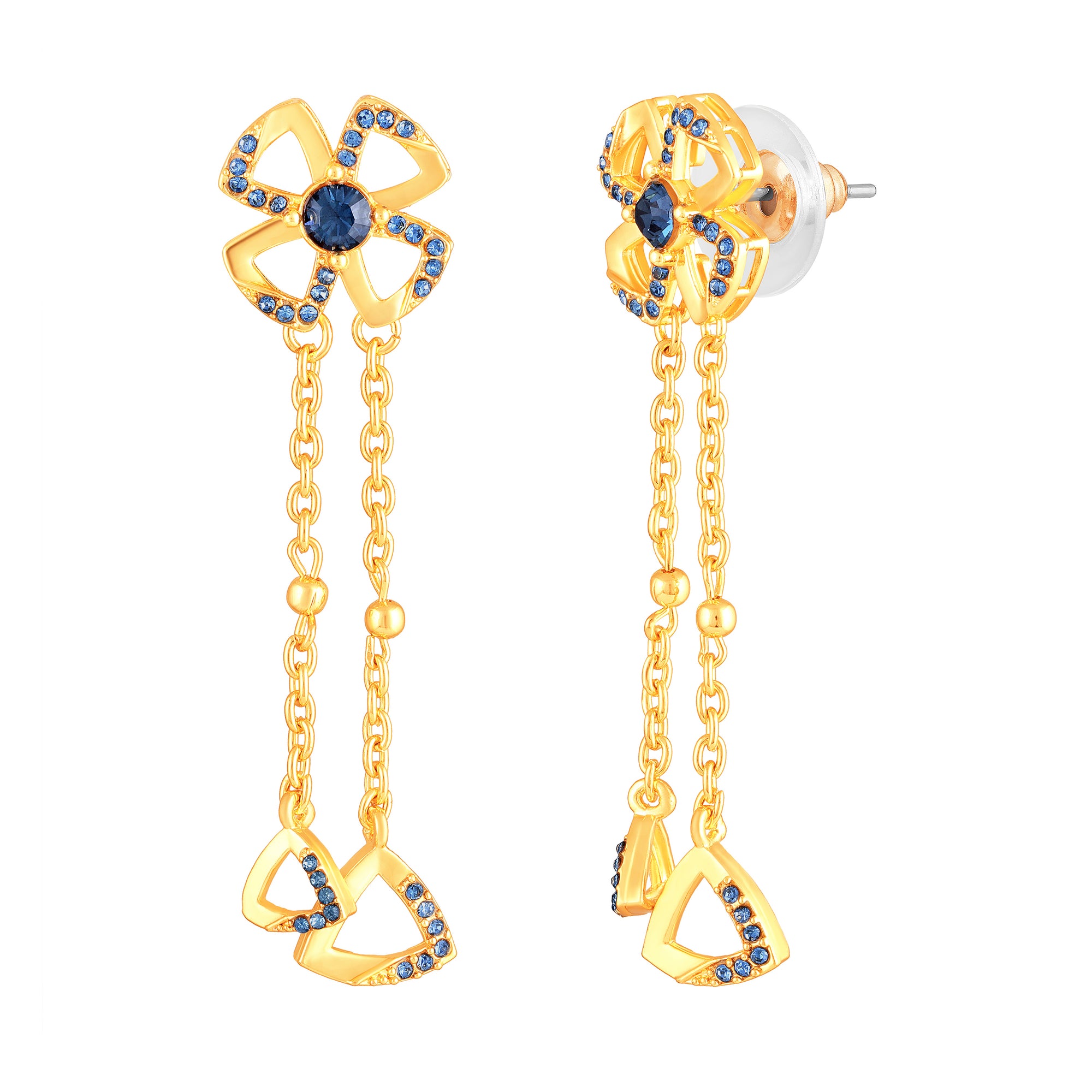 Floral Tassel Drop Earrings with Blue Crystals