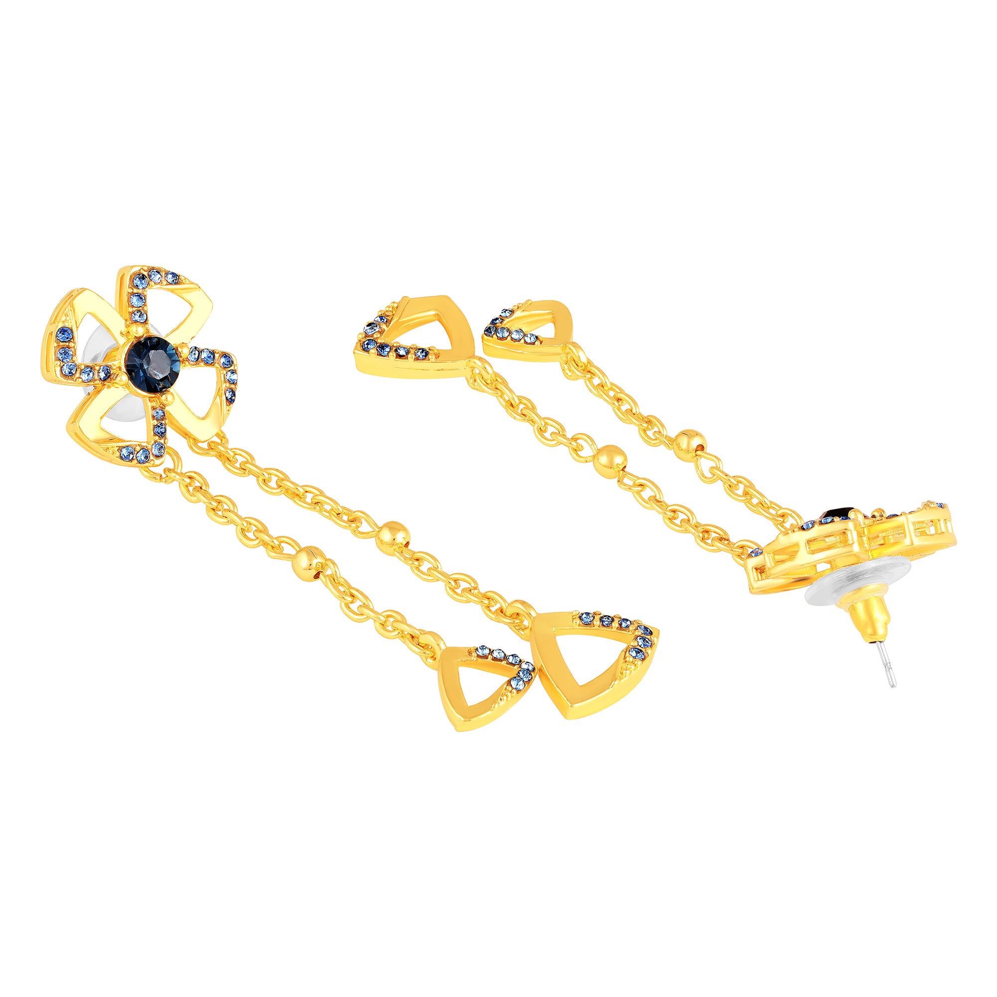 Floral Tassel Drop Earrings with Blue Crystals