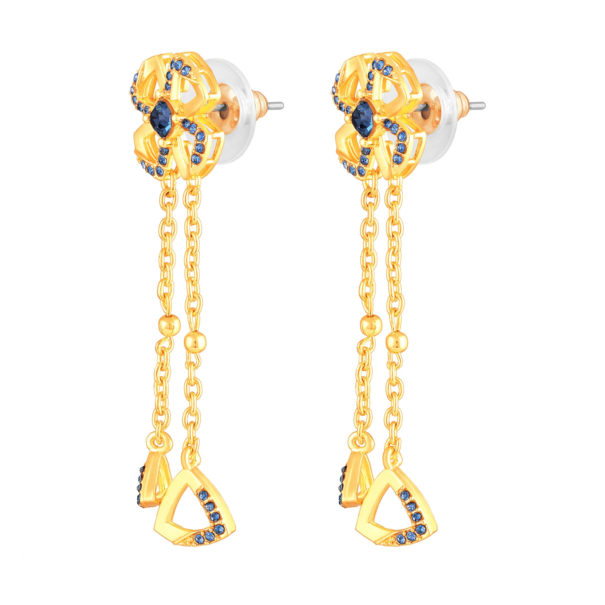 Floral Tassel Drop Earrings with Blue Crystals