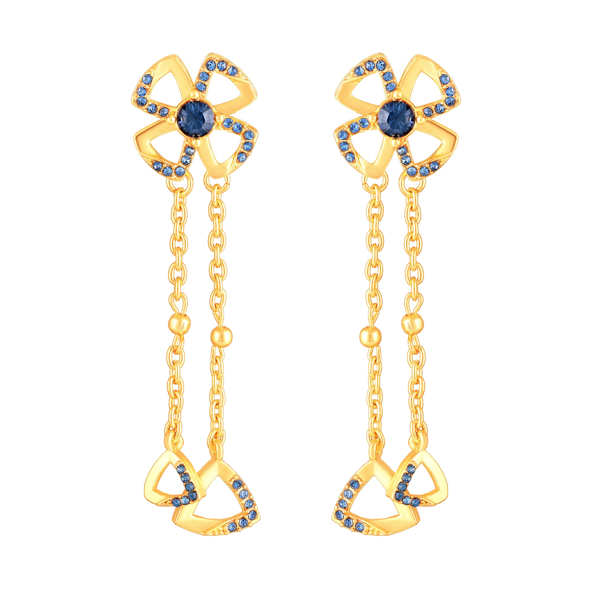 Floral Tassel Drop Earrings with Blue Crystals