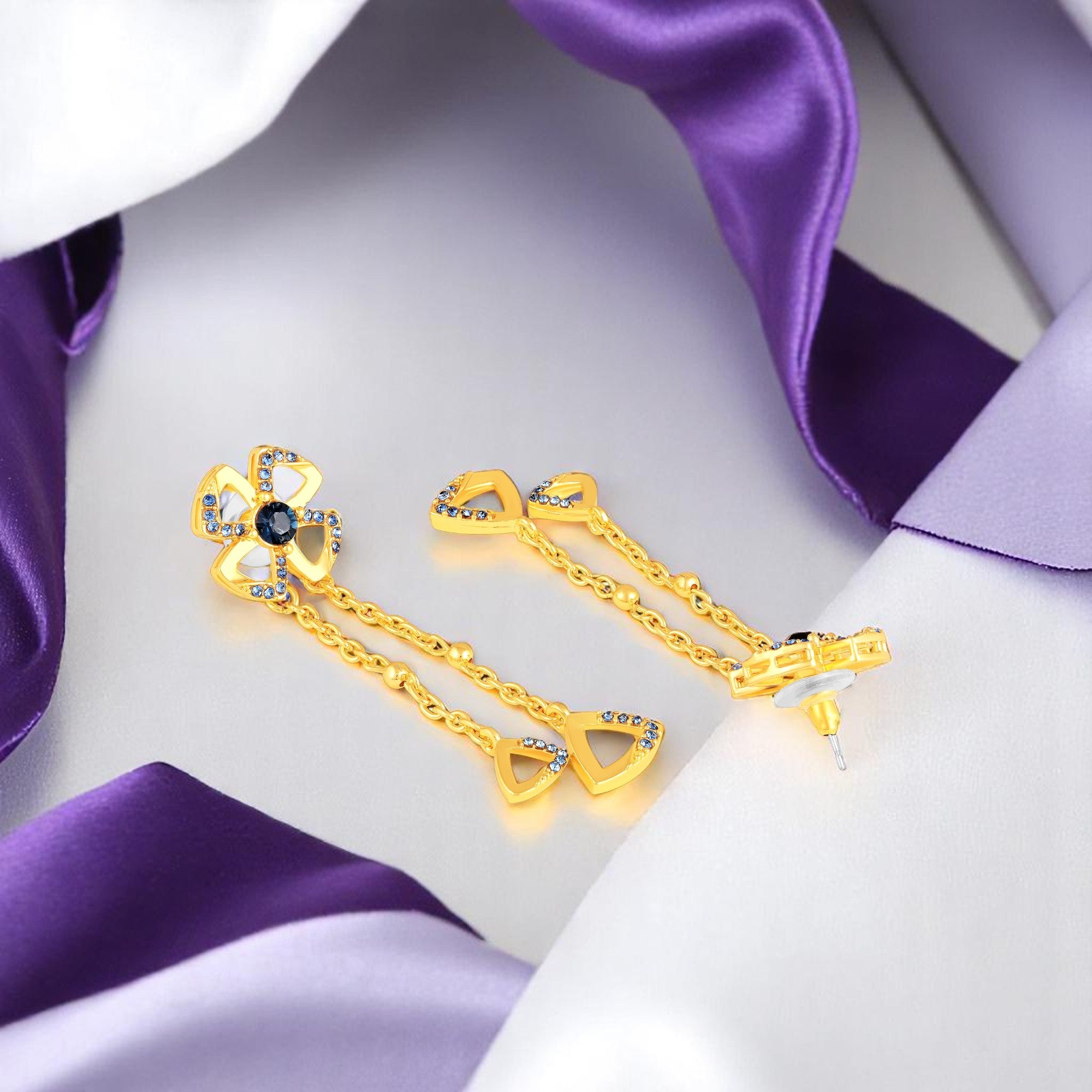 Floral Tassel Drop Earrings with Blue Crystals