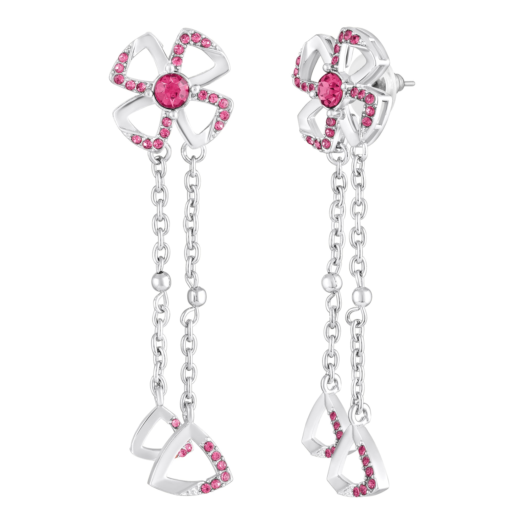 Floral Tassel Drop Earrings with Blue Crystals