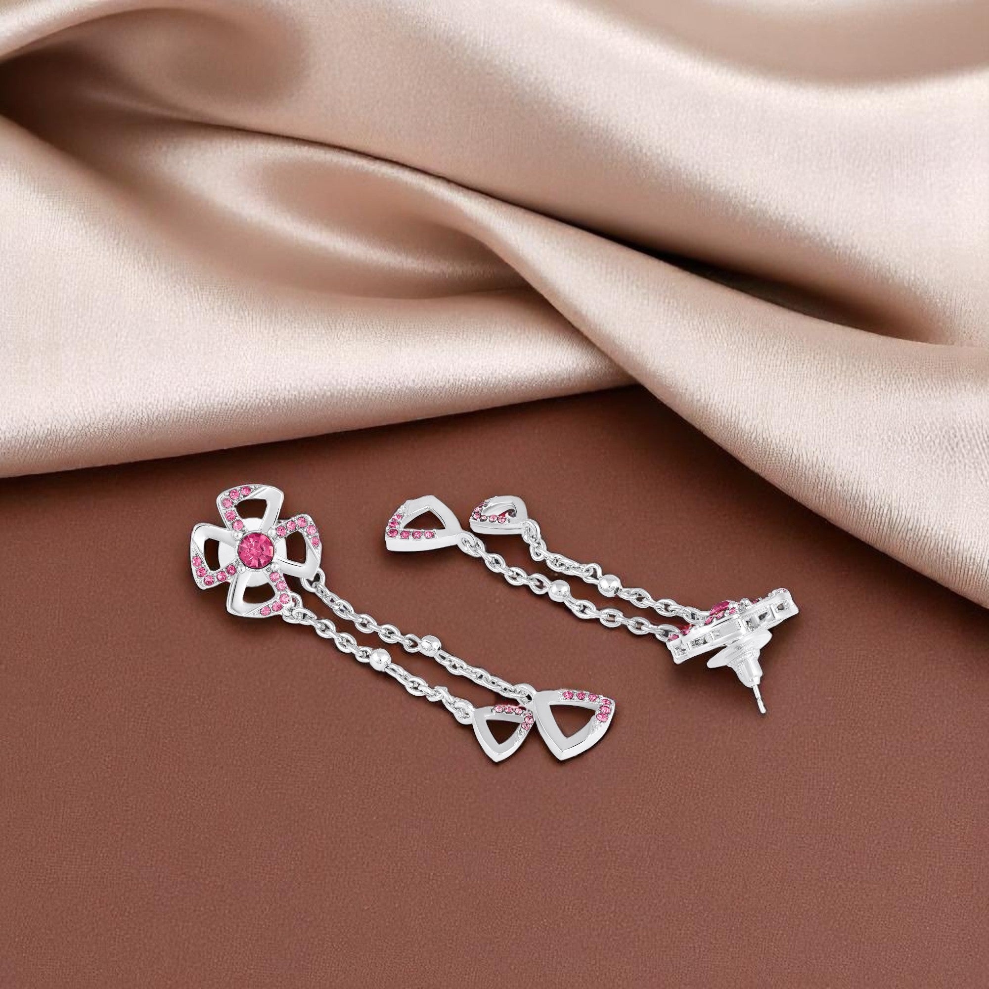 Floral Tassel Drop Earrings with Blue Crystals