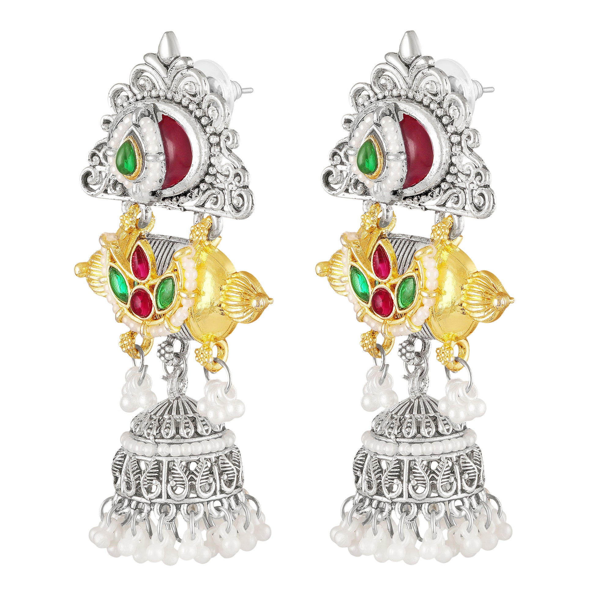 Dual-Tone Temple Dangler Jhumka Earrings with Kundan