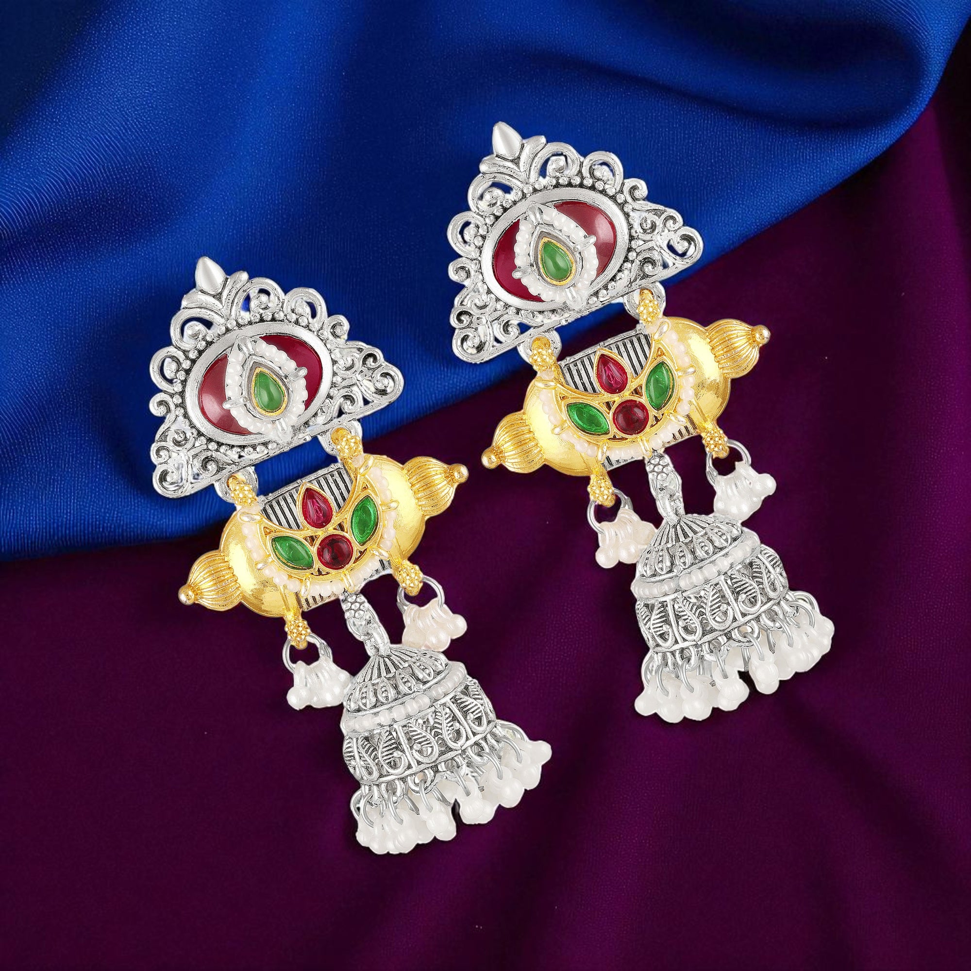 Dual-Tone Temple Dangler Jhumka Earrings with Kundan