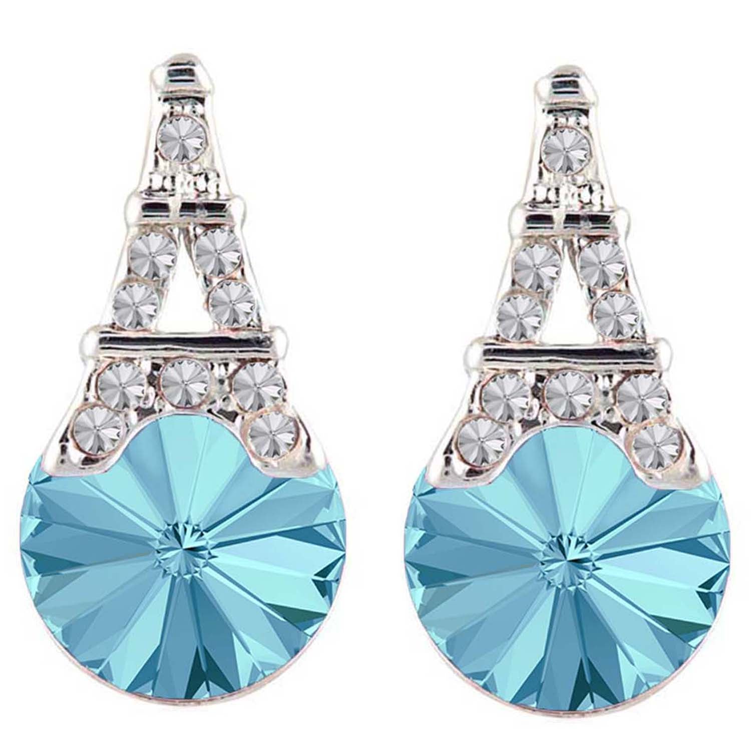 Amethyst Aqua Blue Eiffel Tower Love Earrings with Crystals