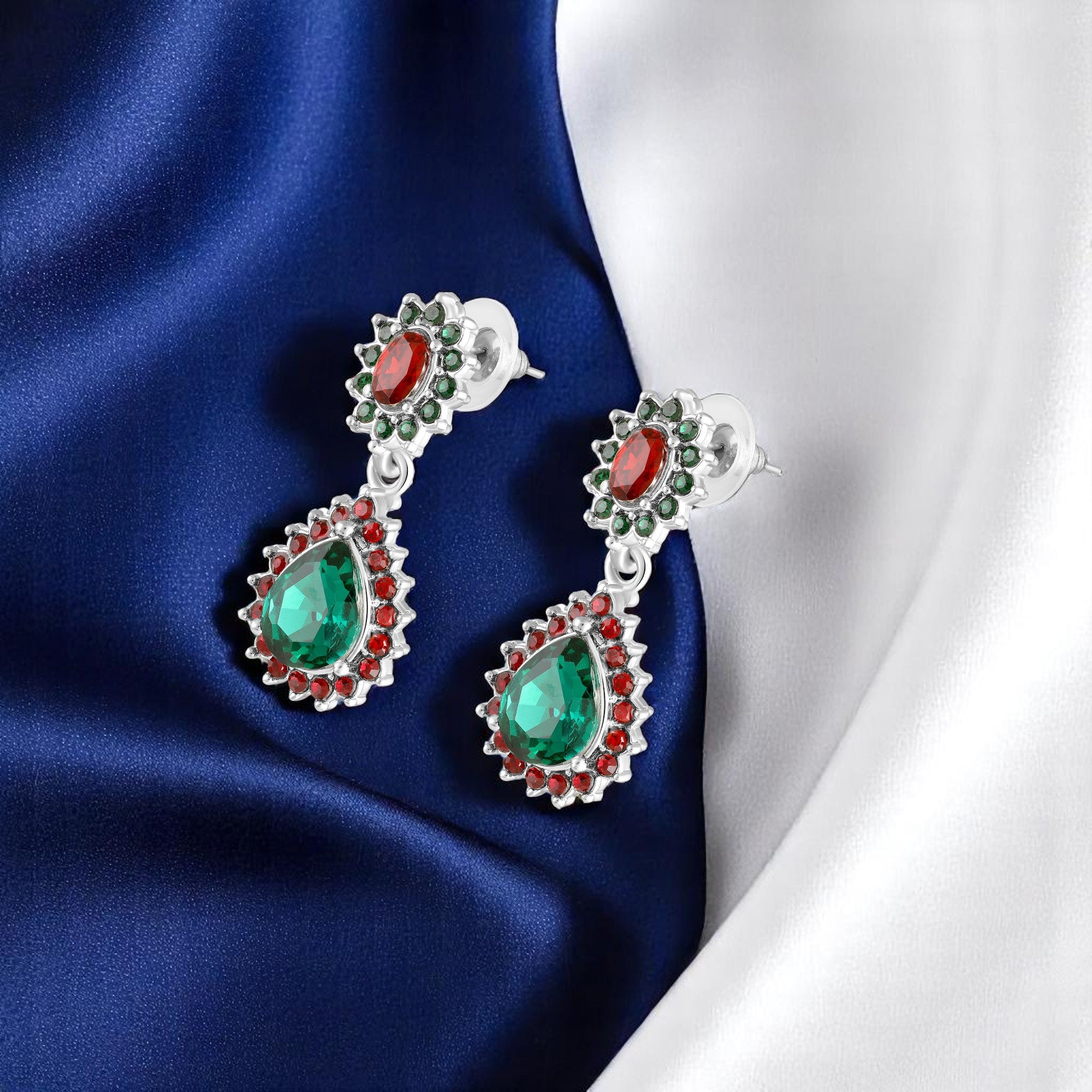 Elegant Teardrop Green & Red Crystals Earrings