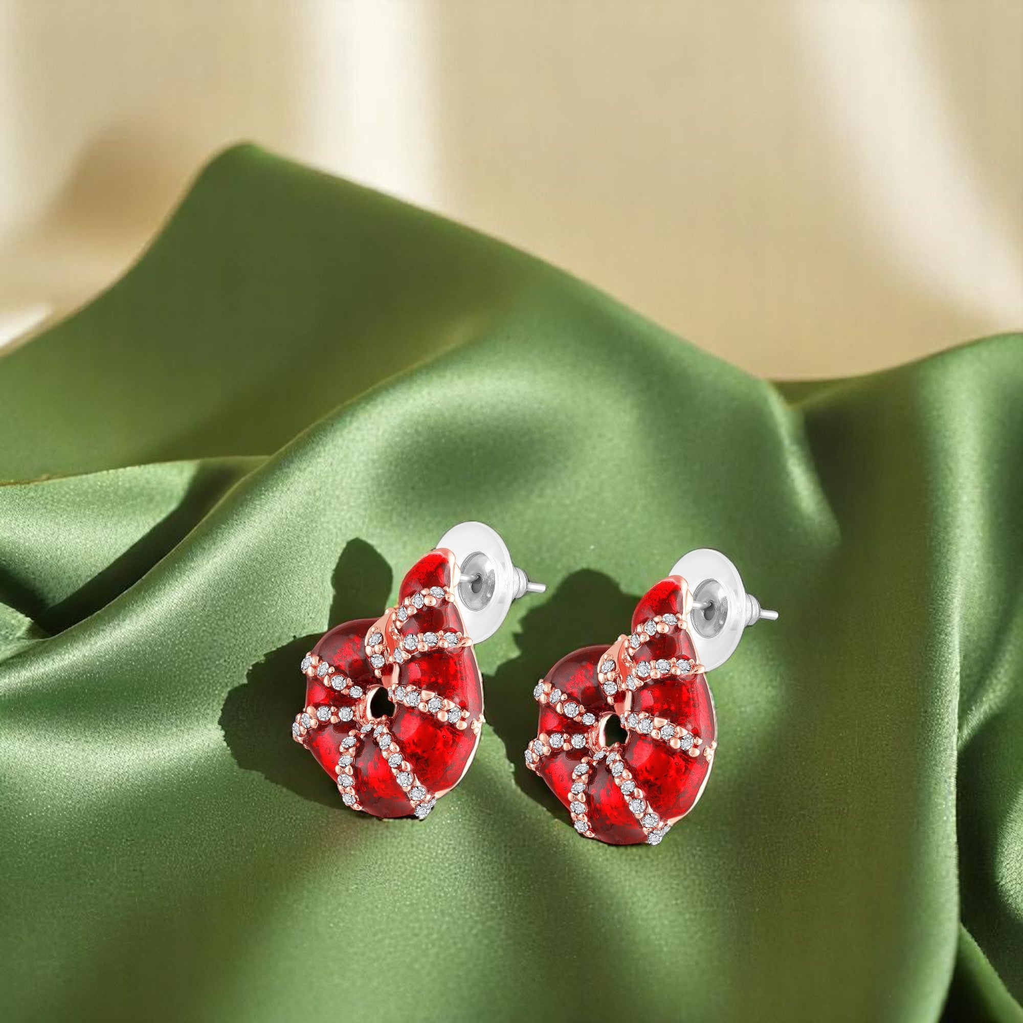 Red Meenakari Work Shell-Shaped Earrings with Crystal Accents