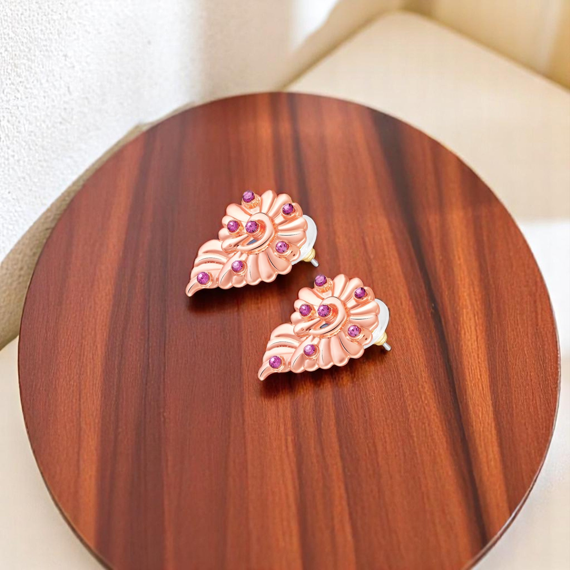 Leaf Motif Earrings with Pink Crystals