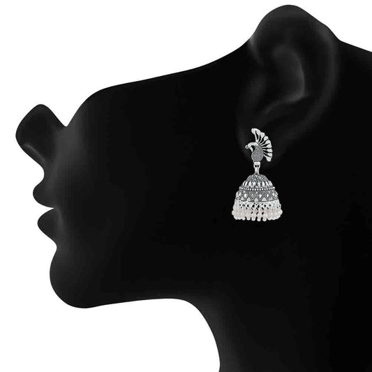 Oxidised Silver Feathery Peacock Antique Jhumka earrings