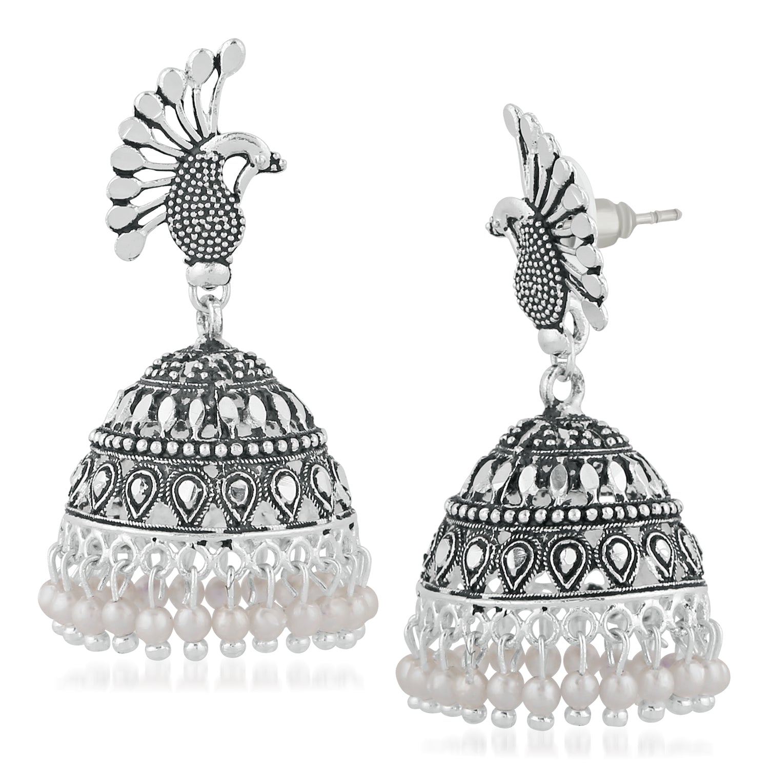 Oxidised Silver Feathery Peacock Antique Jhumka earrings
